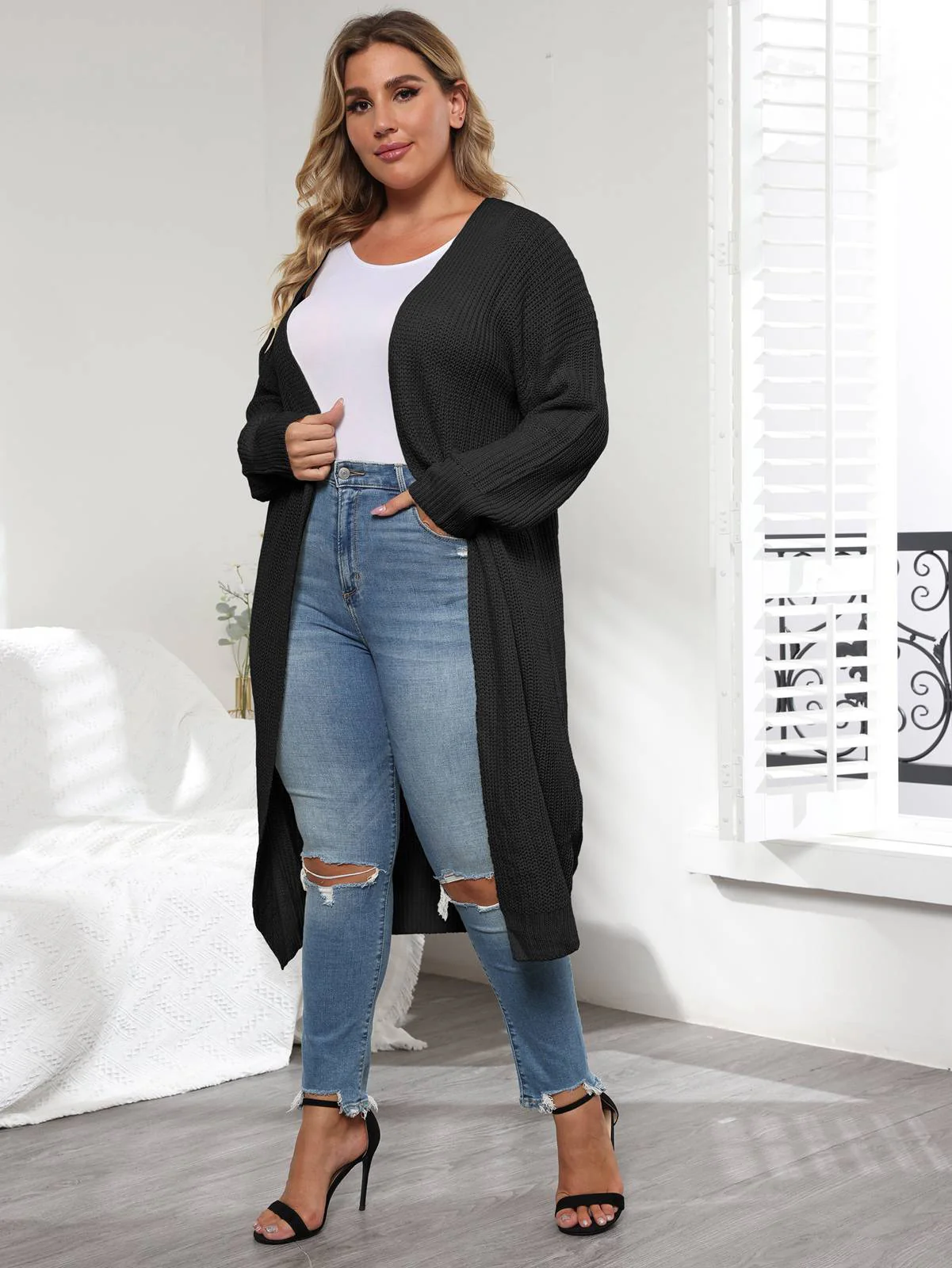 [Plus Size] Solid Color 1960s Knitted Long Cardigan - Image 6