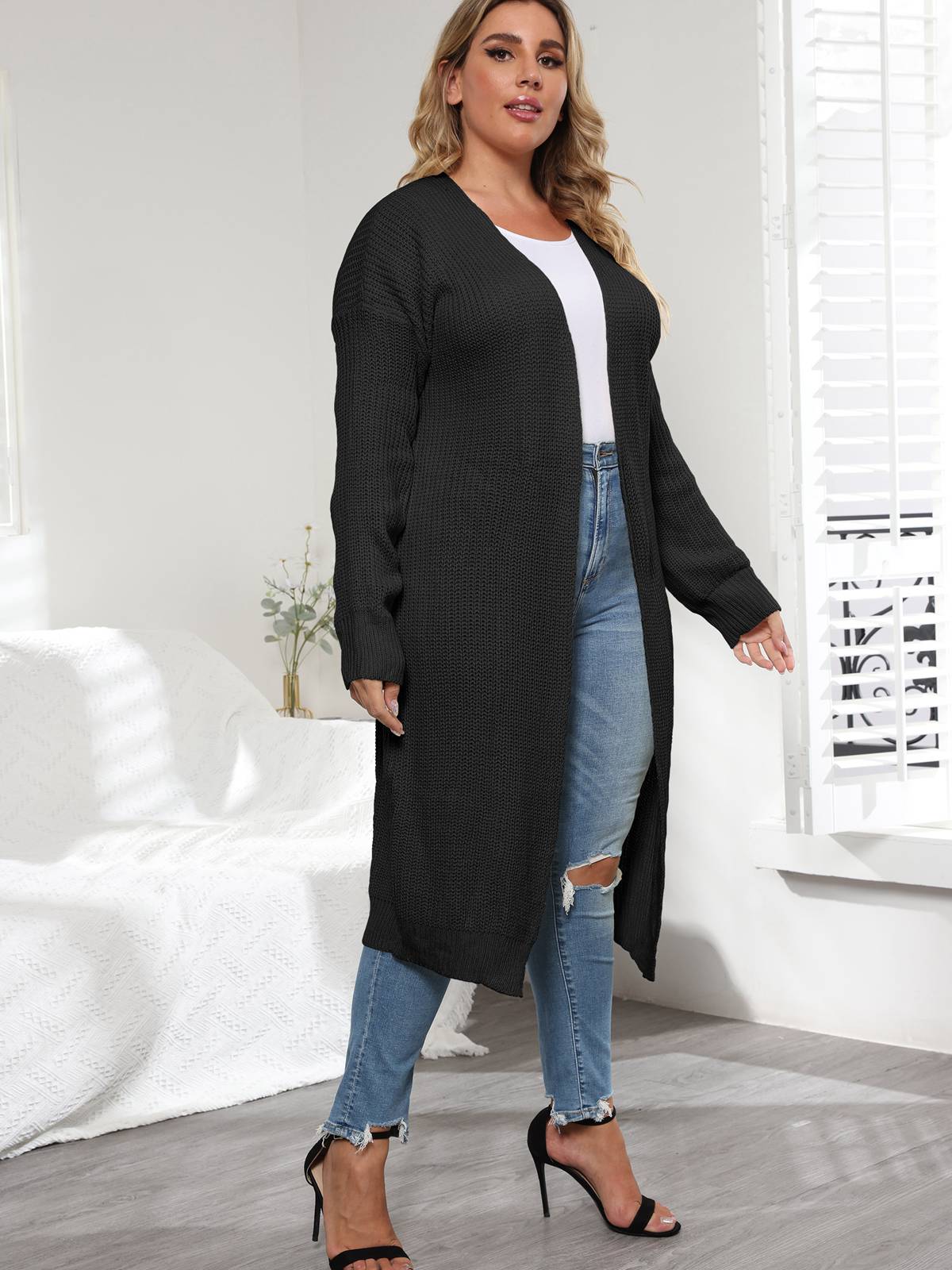 [Plus Size] Solid Color 1960s Knitted Long Cardigan - Image 7