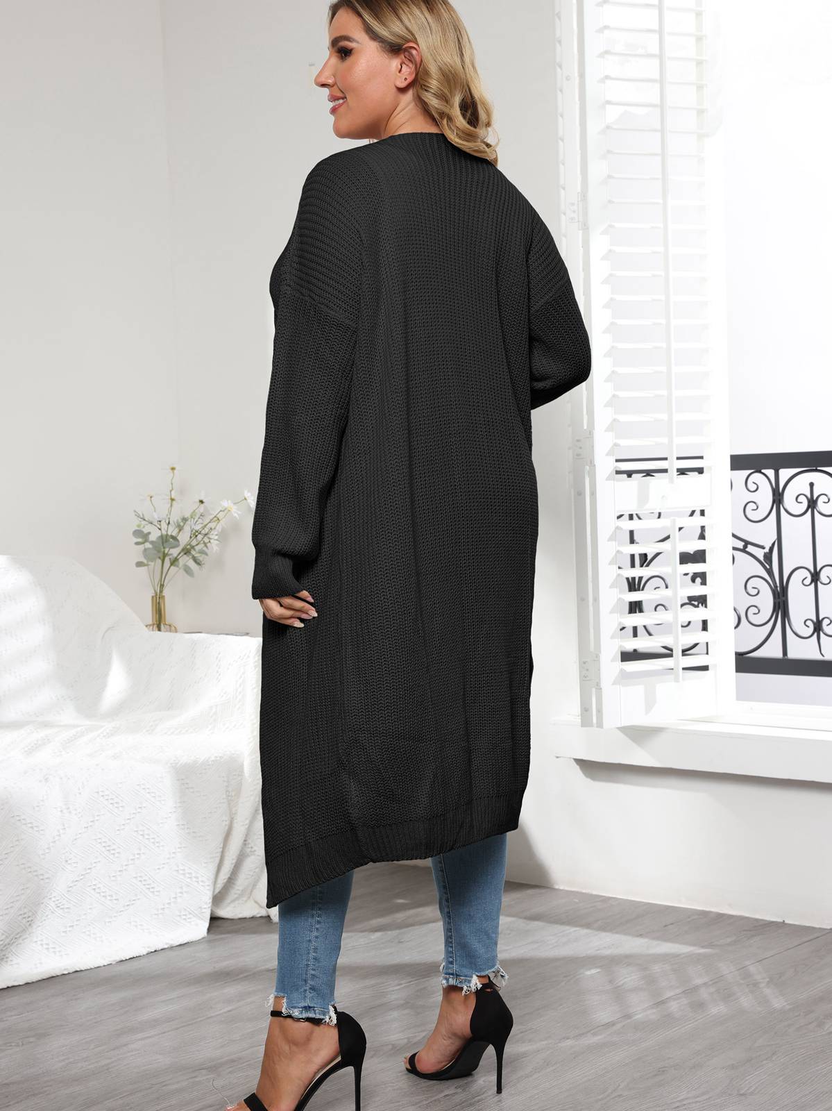 [Plus Size] Solid Color 1960s Knitted Long Cardigan - Image 8