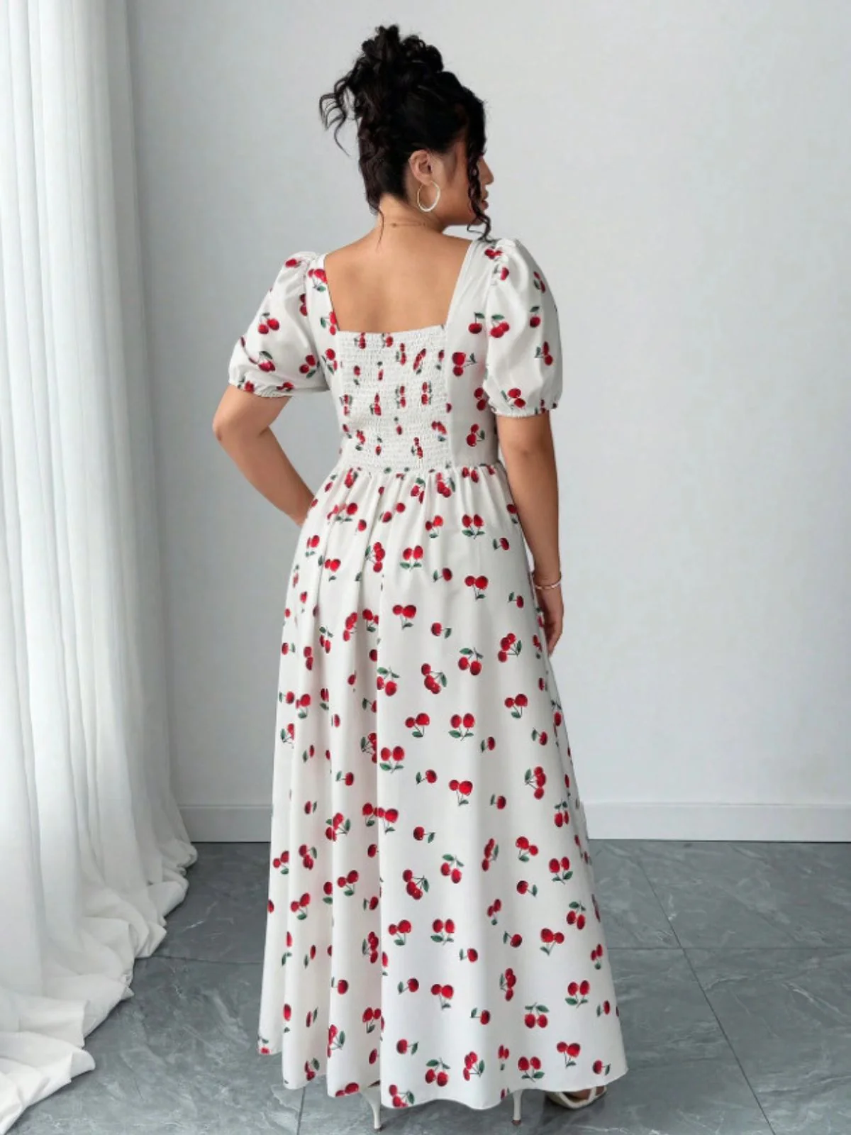 [Plus Size] White 1940s Cherry Print Slit Maxi Dress - Image 2