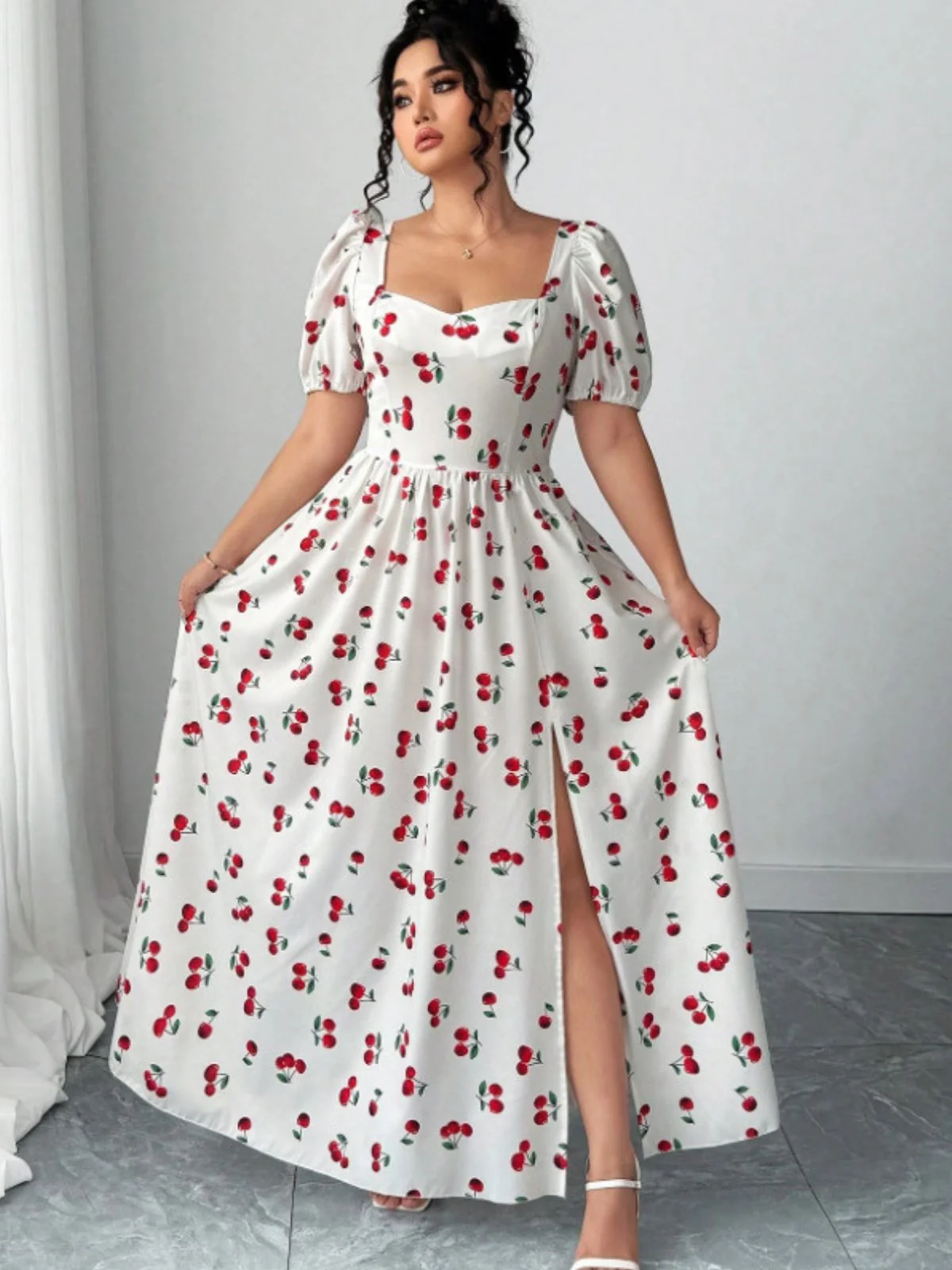 [Plus Size] White 1940s Cherry Print Slit Maxi Dress - Image 3