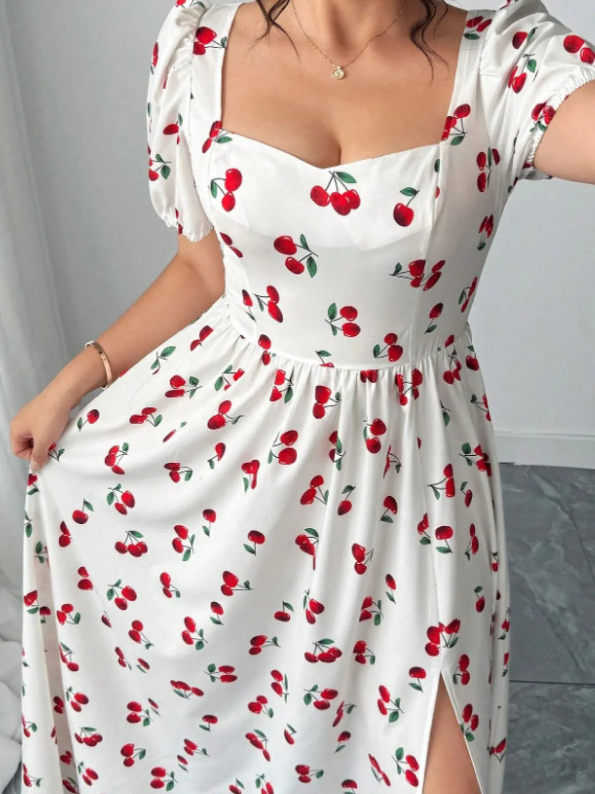 [Plus Size] White 1940s Cherry Print Slit Maxi Dress - Image 4