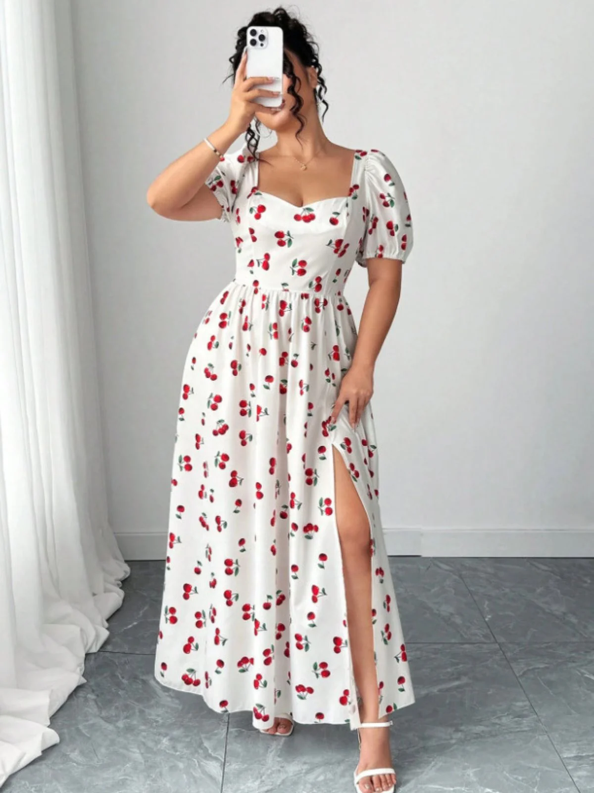 [Plus Size] White 1940s Cherry Print Slit Maxi Dress - Image 5