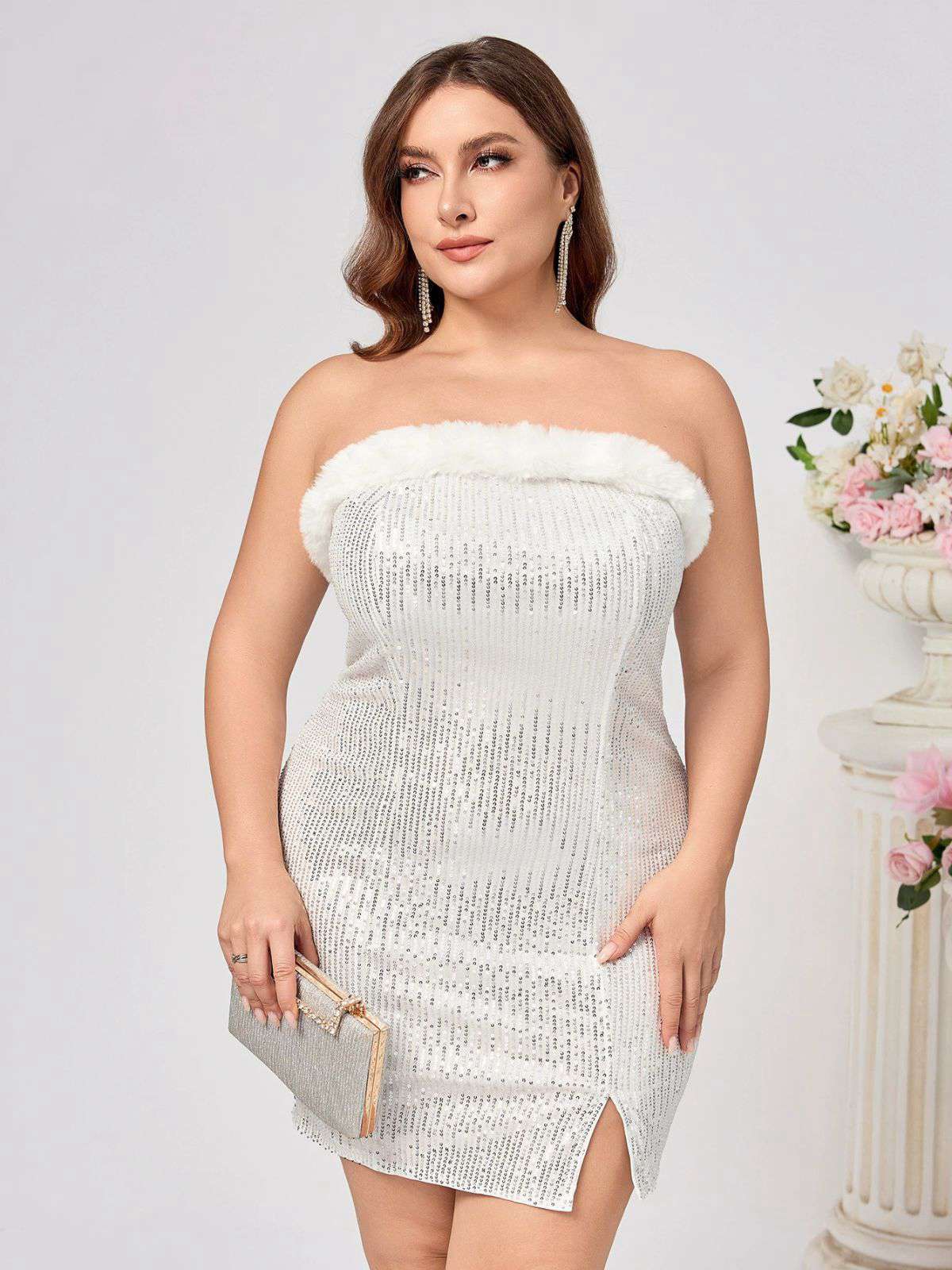 [Plus Size] White 1960s Plush Collar Sequined Bodycon Dress - Image 5