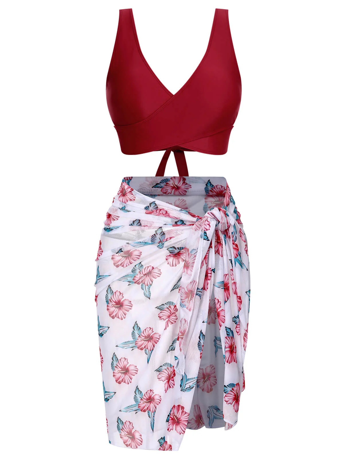 [Plus Size] Wine Red 1930s Floral Bikini Set & Cover-Up - Image 2