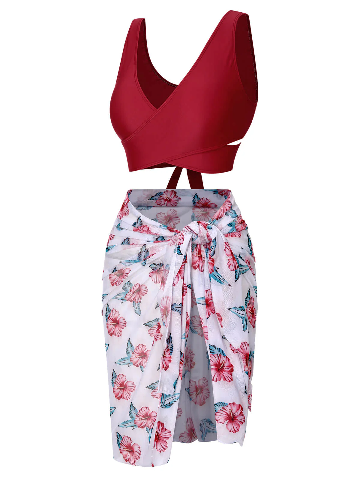 [Plus Size] Wine Red 1930s Floral Bikini Set & Cover-Up - Image 3