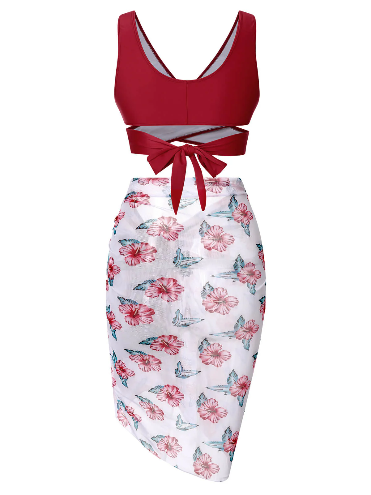 [Plus Size] Wine Red 1930s Floral Bikini Set & Cover-Up - Image 4