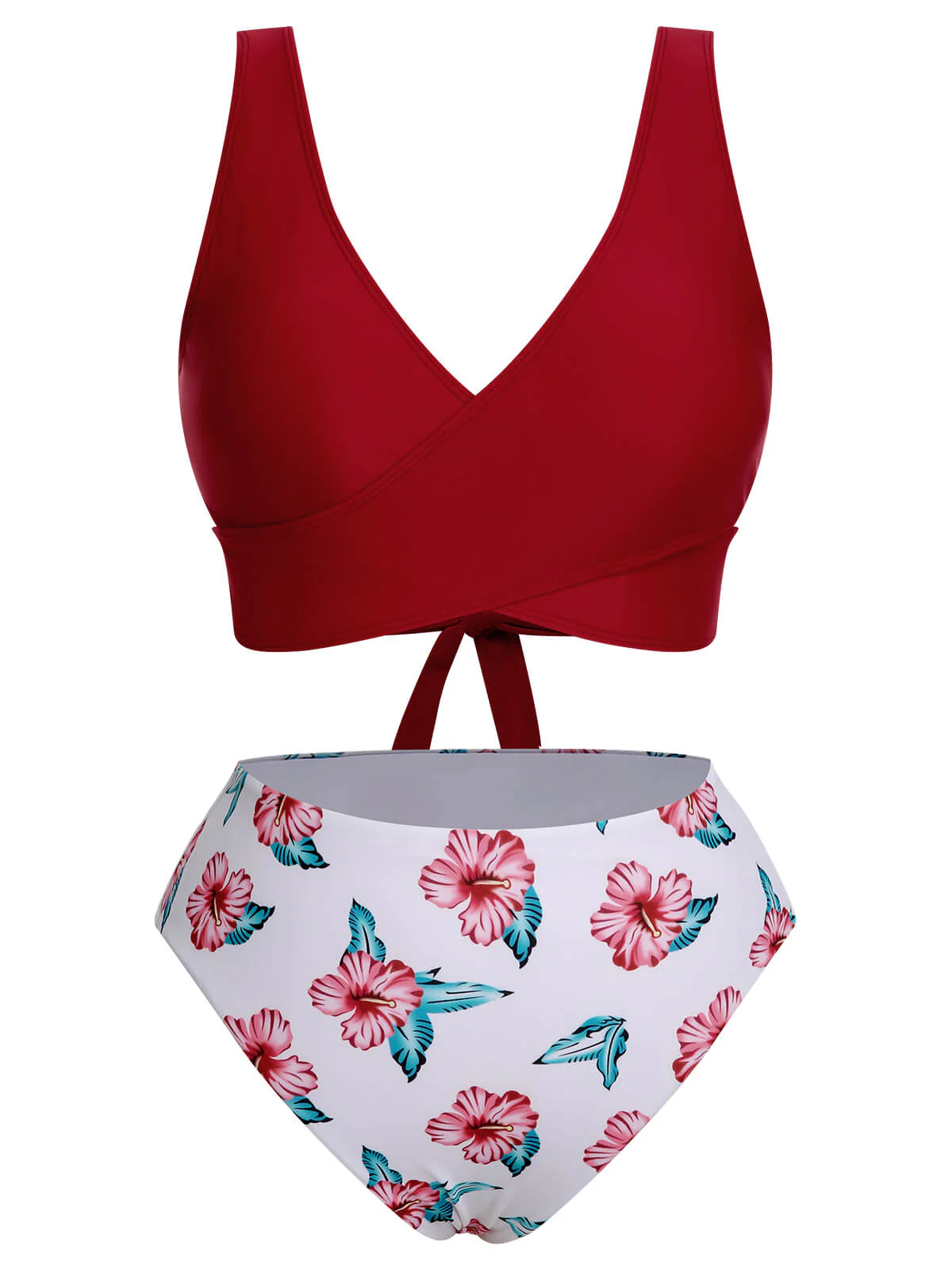 [Plus Size] Wine Red 1930s Floral Bikini Set & Cover-Up - Image 5