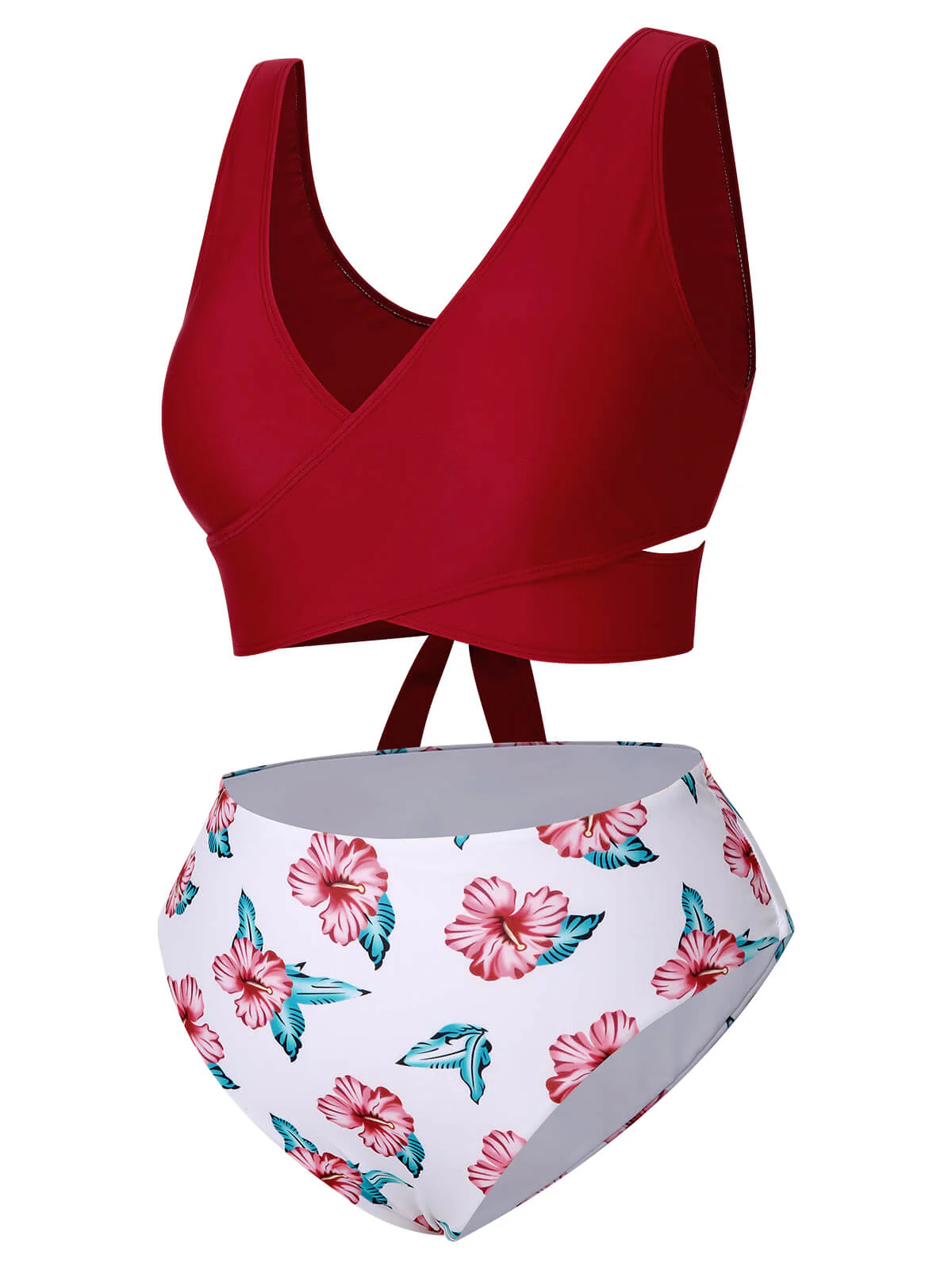 [Plus Size] Wine Red 1930s Floral Bikini Set & Cover-Up - Image 6