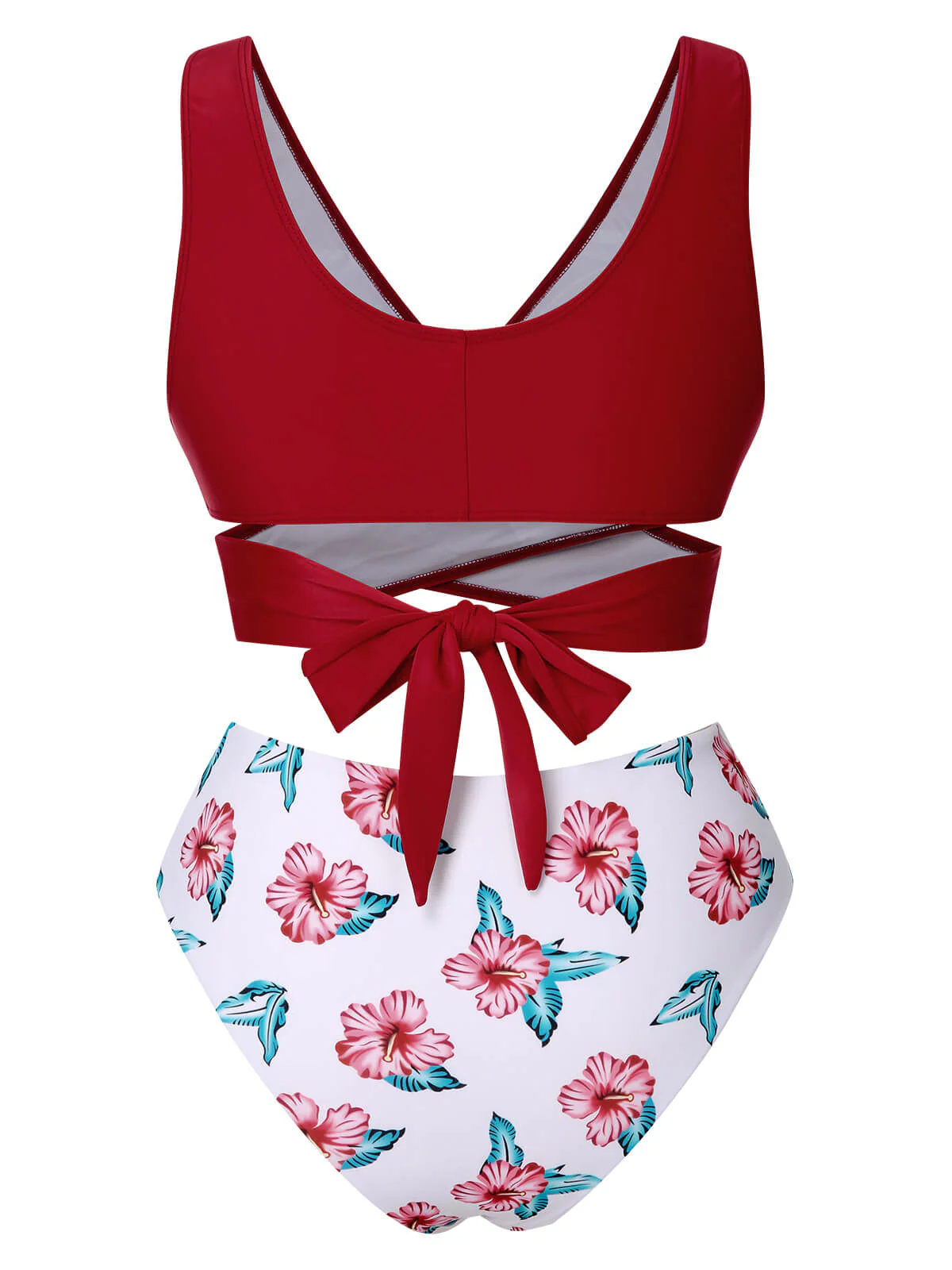 [Plus Size] Wine Red 1930s Floral Bikini Set & Cover-Up - Image 7