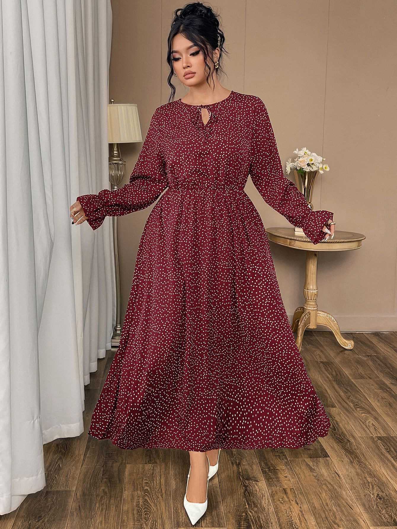 [Plus Size] Wine Red 1940s Polka Dot Midi Dress - Image 2