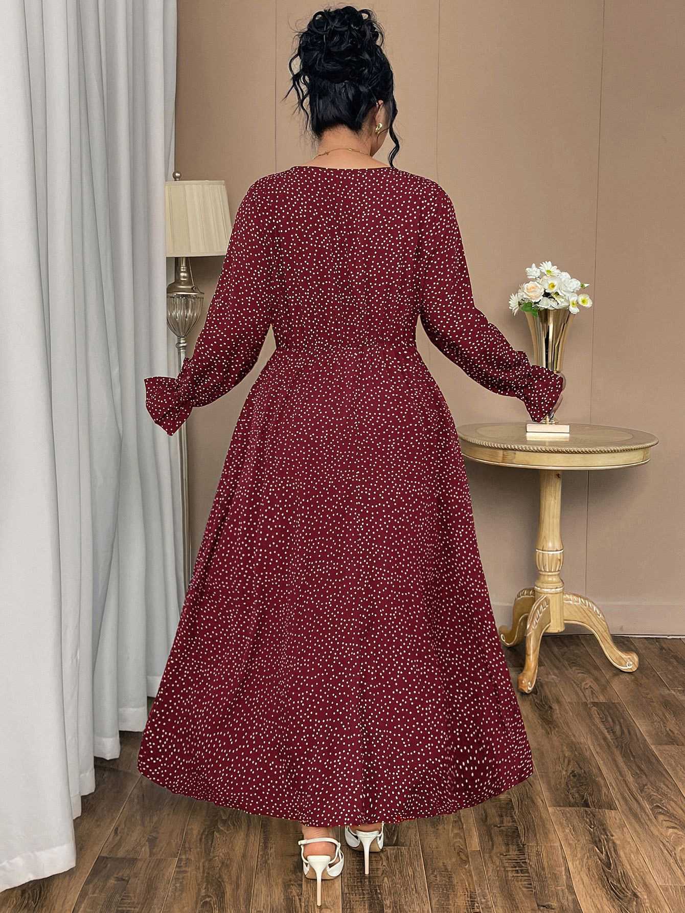 [Plus Size] Wine Red 1940s Polka Dot Midi Dress - Image 3