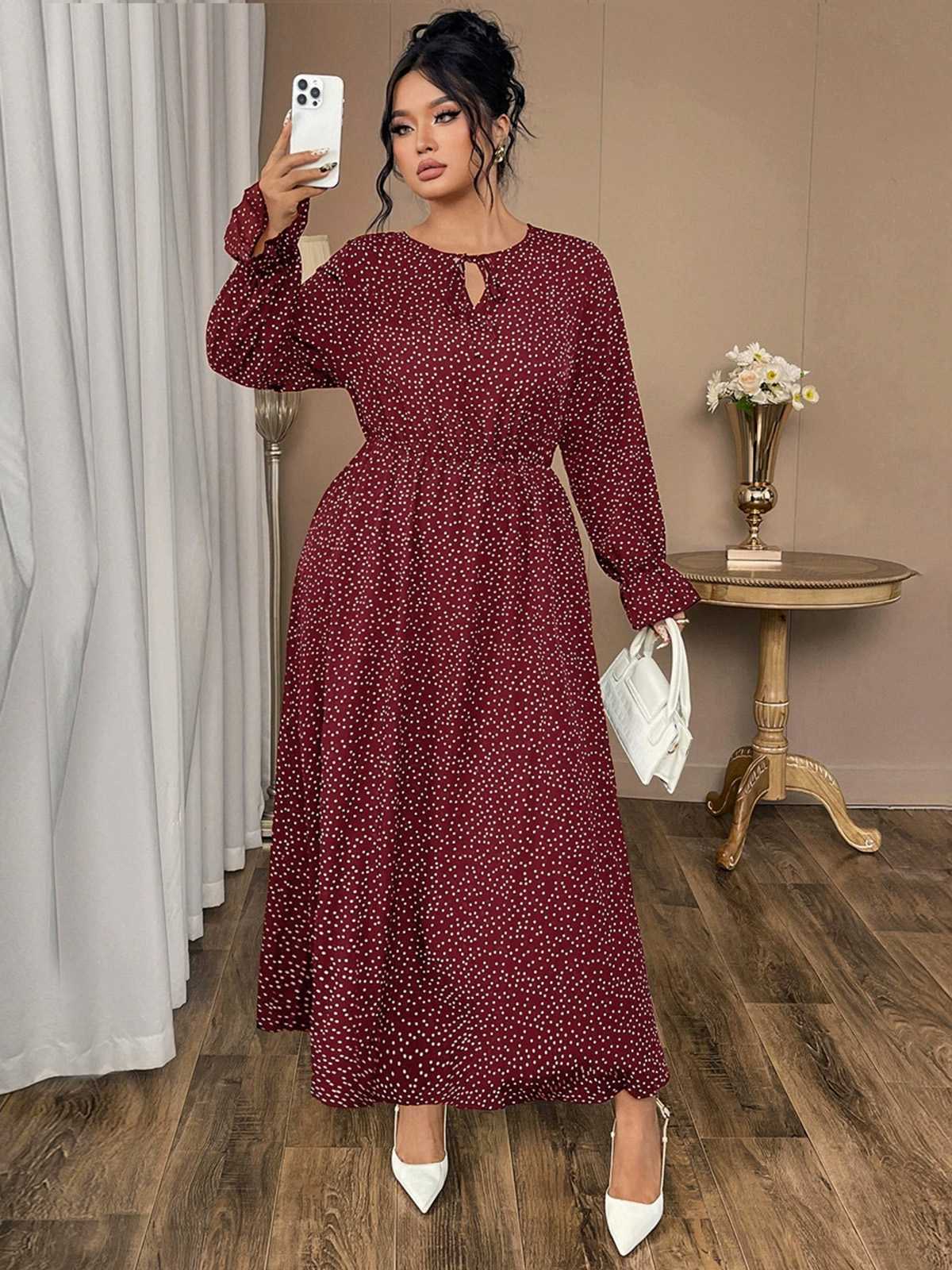 [Plus Size] Wine Red 1940s Polka Dot Midi Dress - Image 4