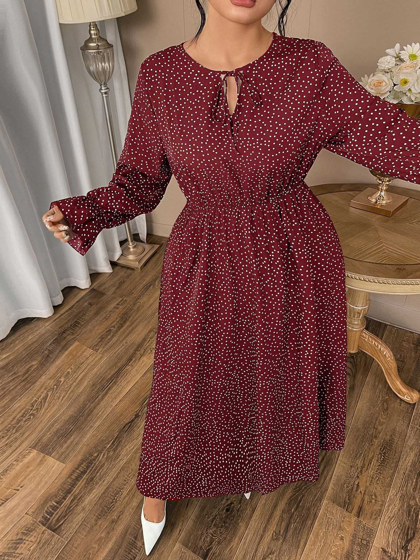 [Plus Size] Wine Red 1940s Polka Dot Midi Dress - Image 5