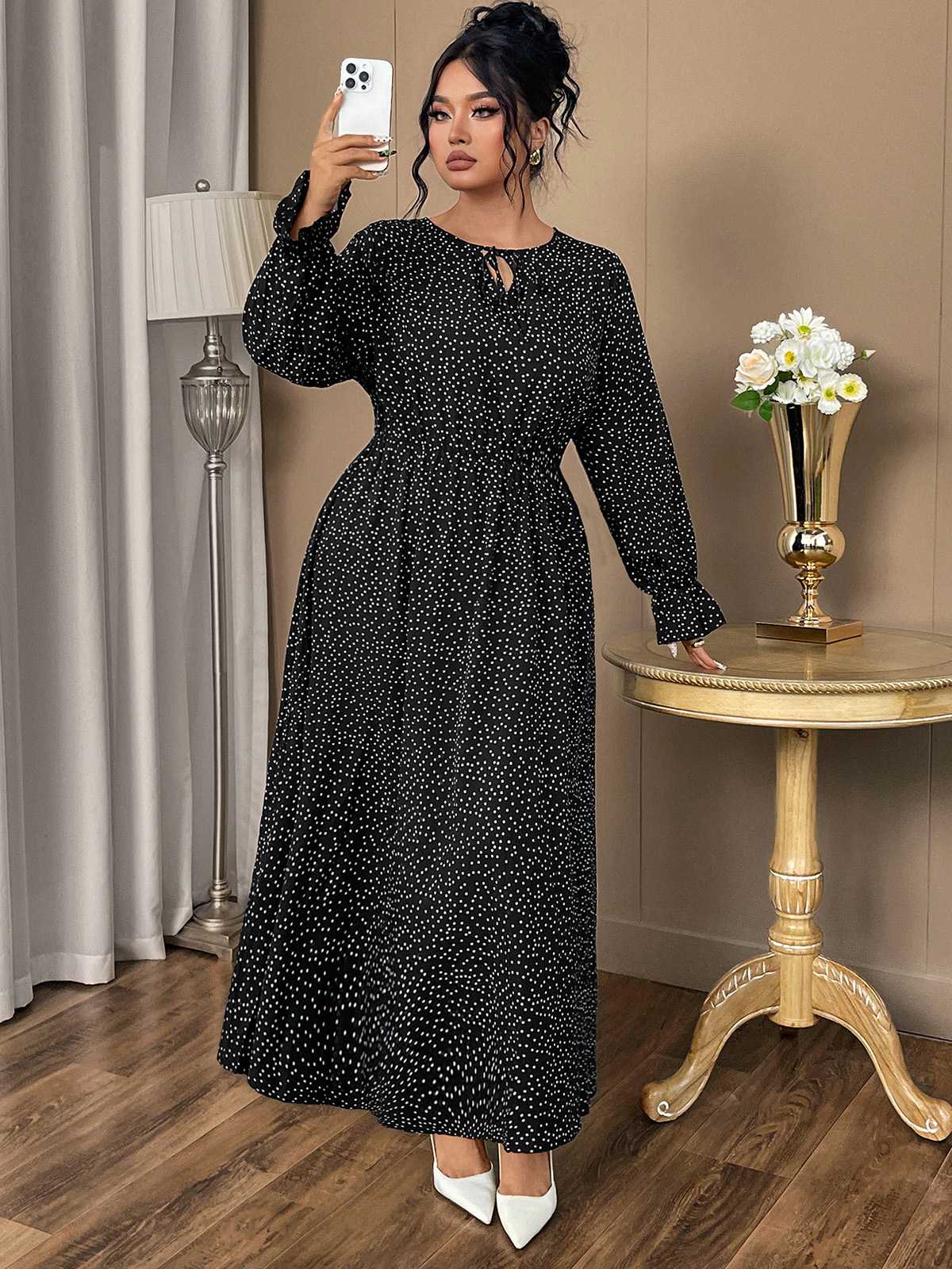 [Plus Size] Wine Red 1940s Polka Dot Midi Dress - Image 7