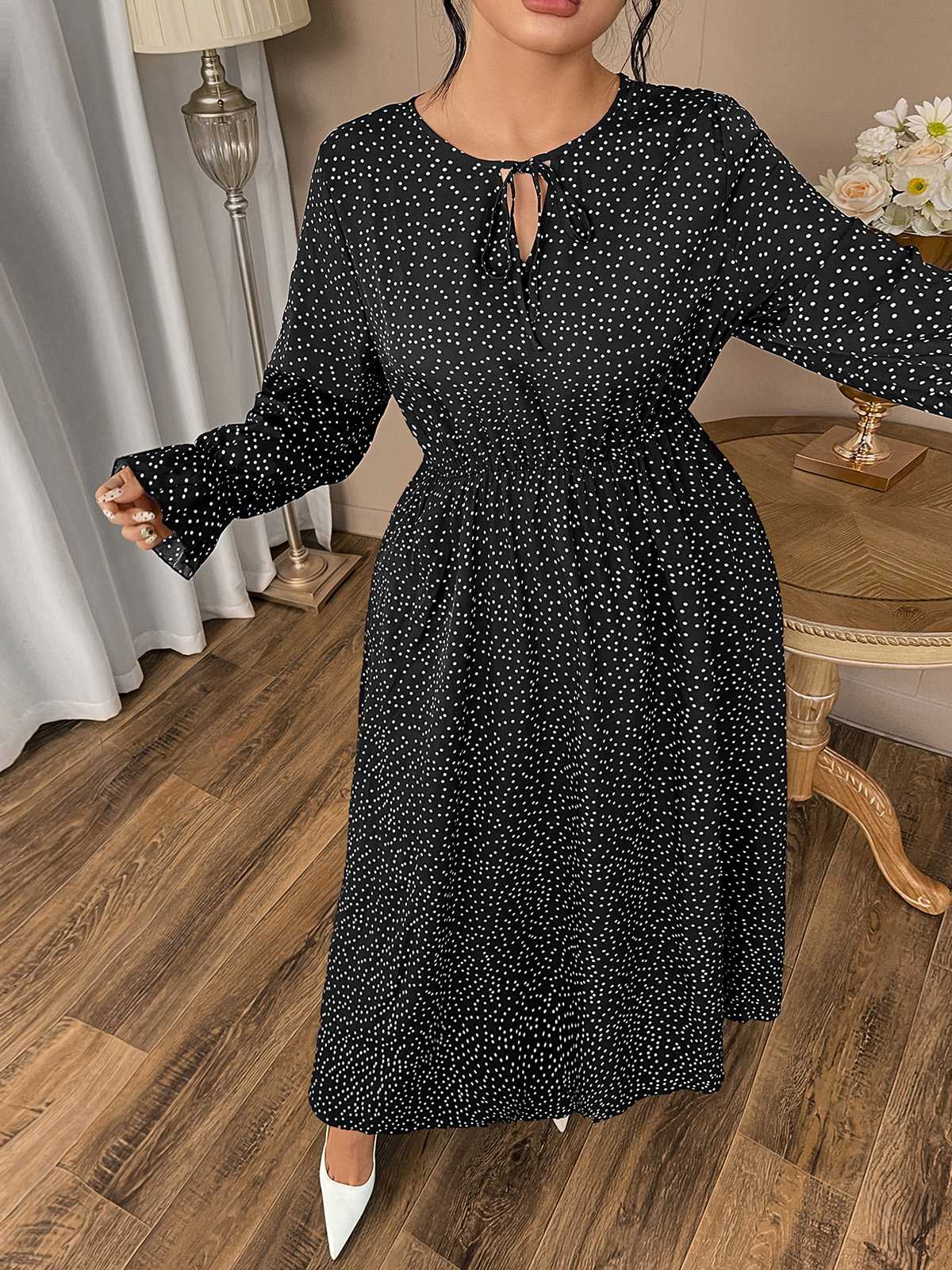 [Plus Size] Wine Red 1940s Polka Dot Midi Dress - Image 9