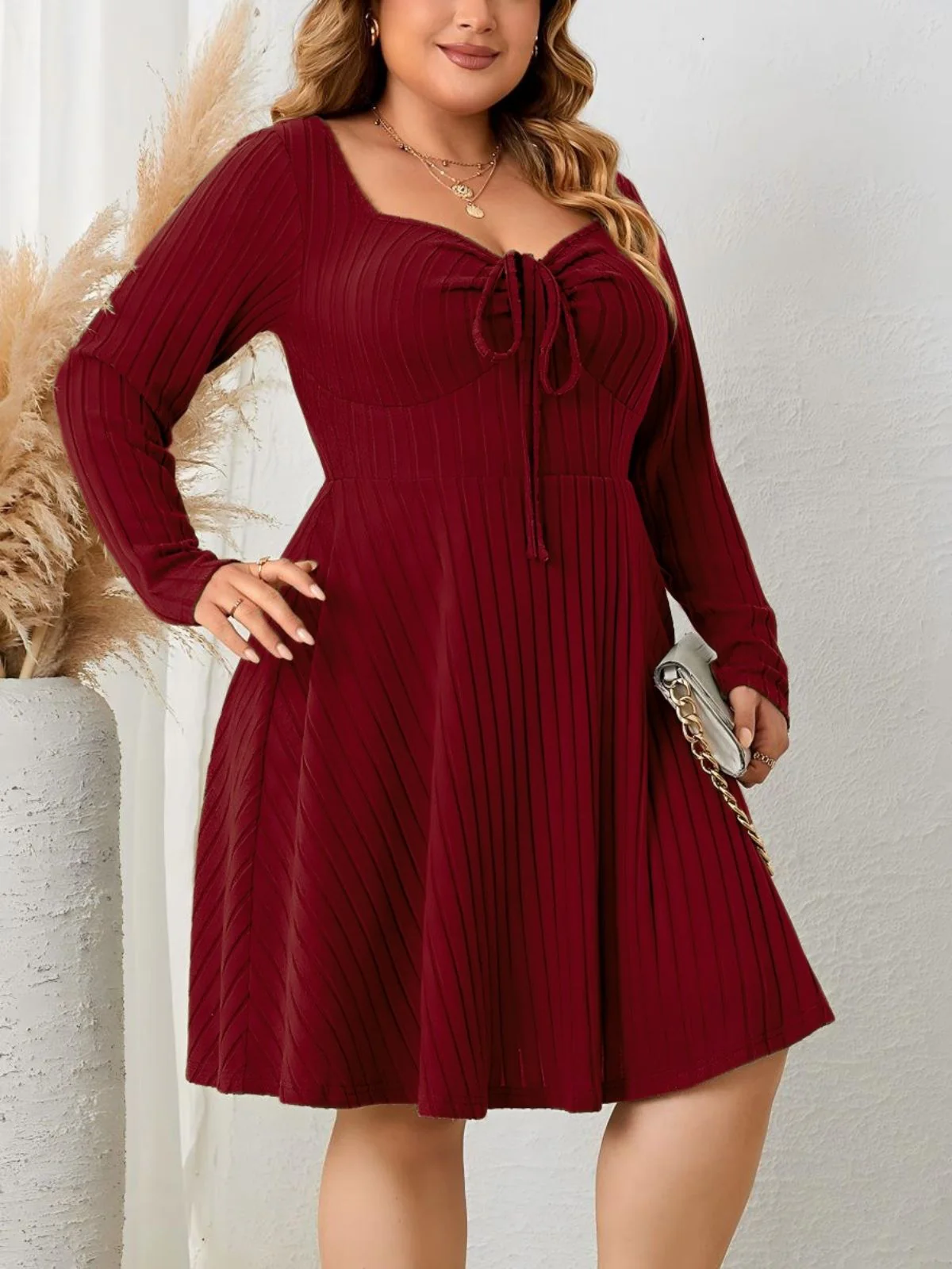 [Plus Size] Wine Red 1940s Solid Flannelette Long Sleeve Dress - Image 2