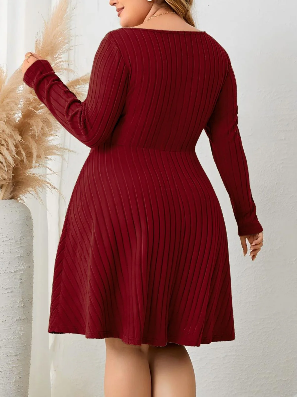 [Plus Size] Wine Red 1940s Solid Flannelette Long Sleeve Dress - Image 3