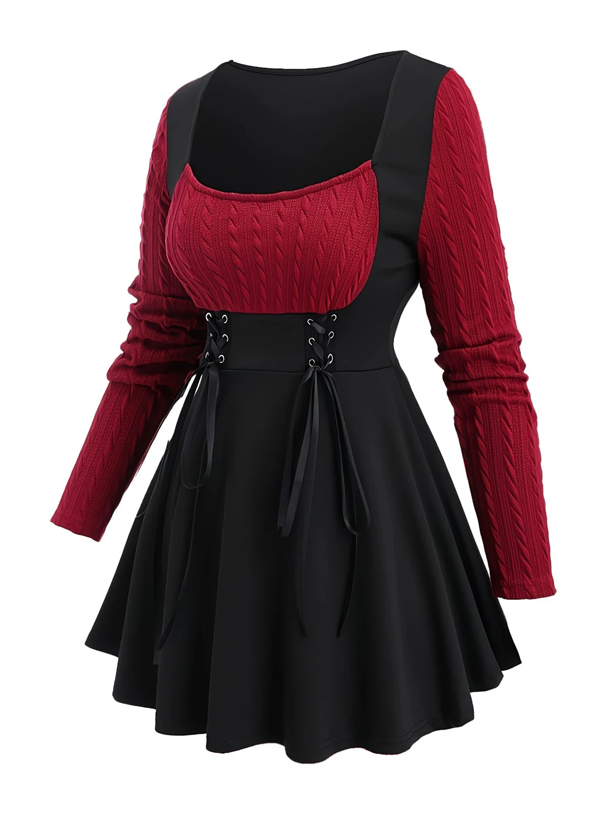 [Plus Size] Wine Red 1950s Colorblock Knit Patchwork Dress - Image 2