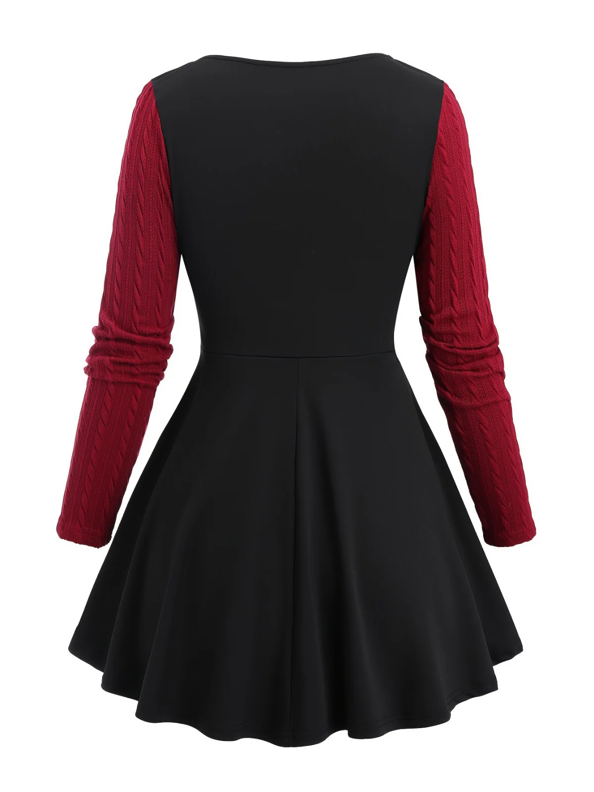 [Plus Size] Wine Red 1950s Colorblock Knit Patchwork Dress - Image 3