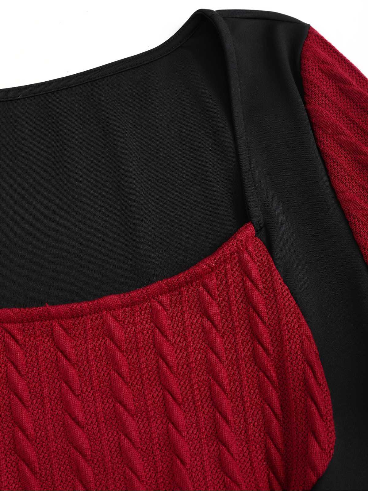 [Plus Size] Wine Red 1950s Colorblock Knit Patchwork Dress - Image 4