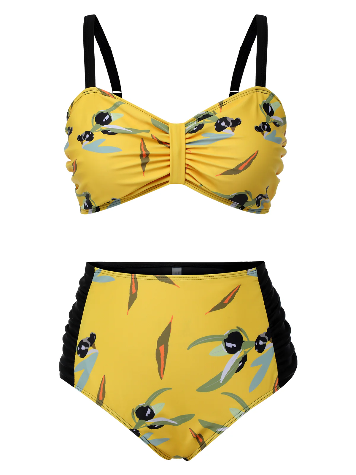 [Plus Size] Yellow 1930s Contrast Floral Strap Swimsuit - Image 2