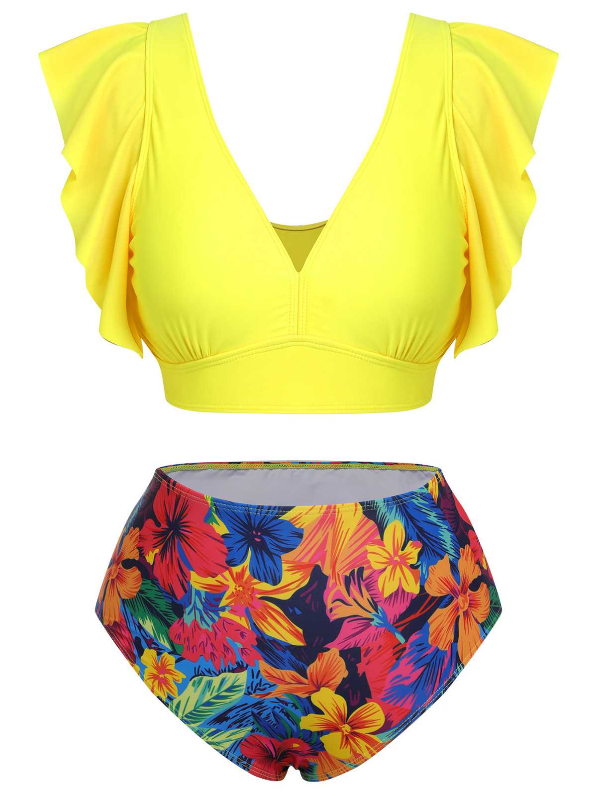 [Plus Size] Yellow 1940s Ruffles Floral Swimsuit - Image 2