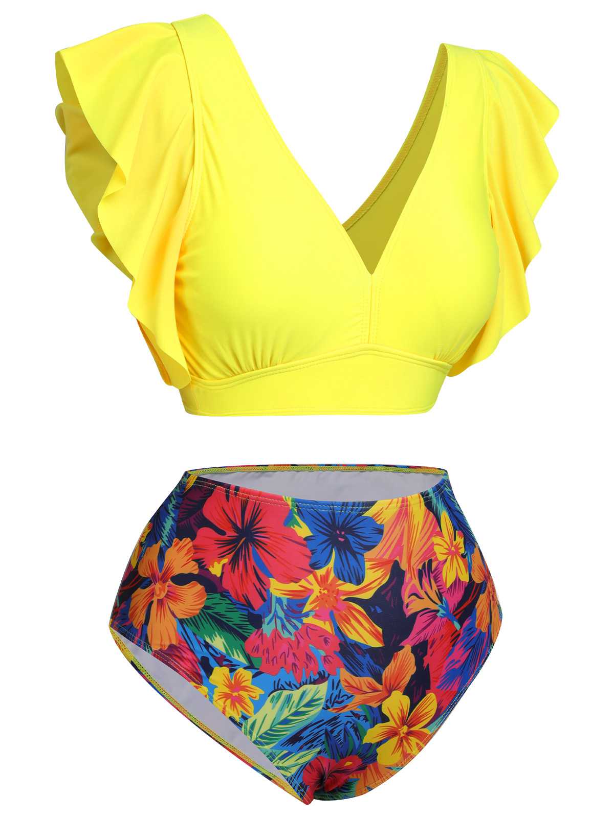[Plus Size] Yellow 1940s Ruffles Floral Swimsuit - Image 3