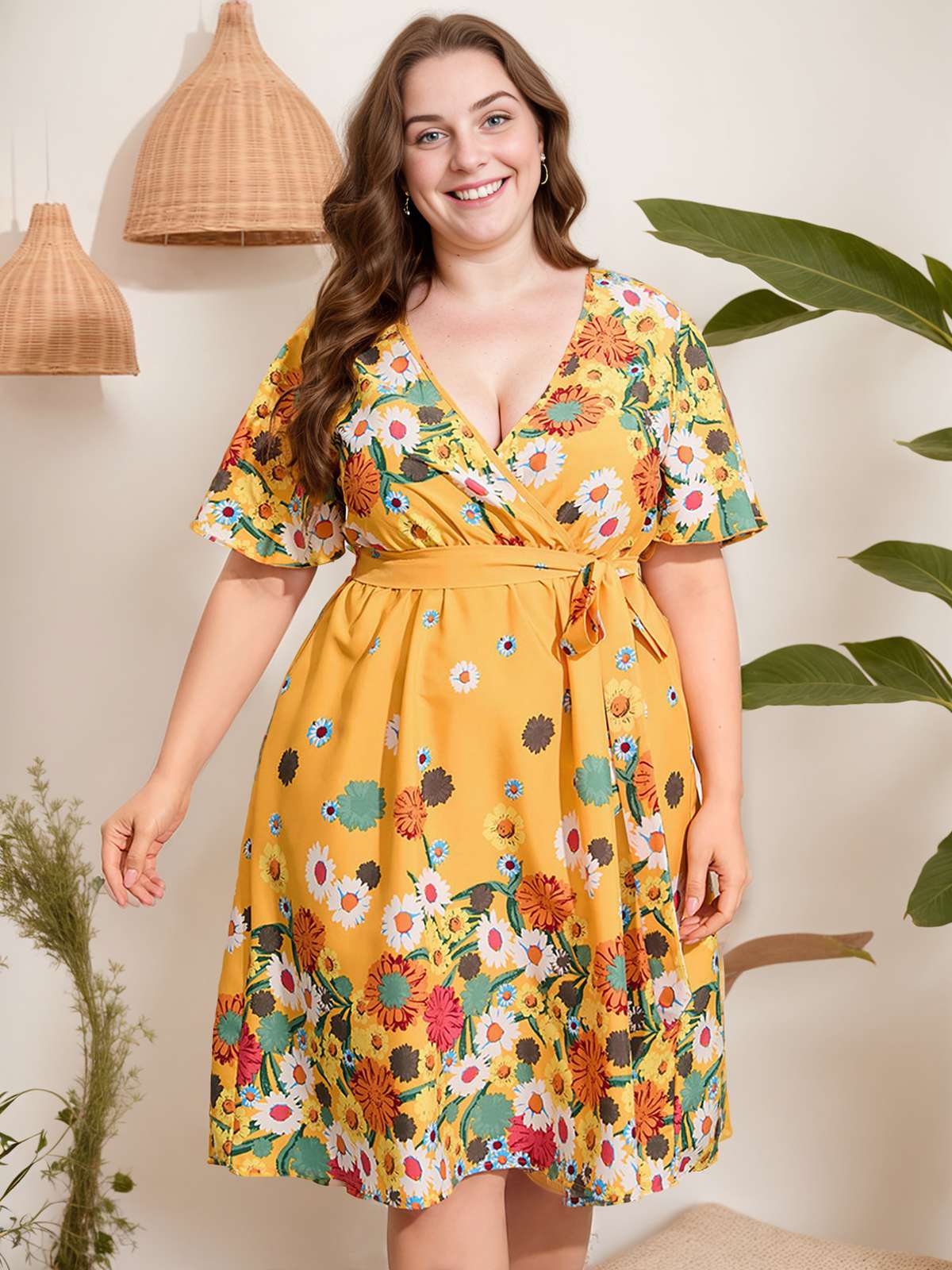 [Plus Size] Yellow 1950s V-Neck Belted Floral Dress - Image 3