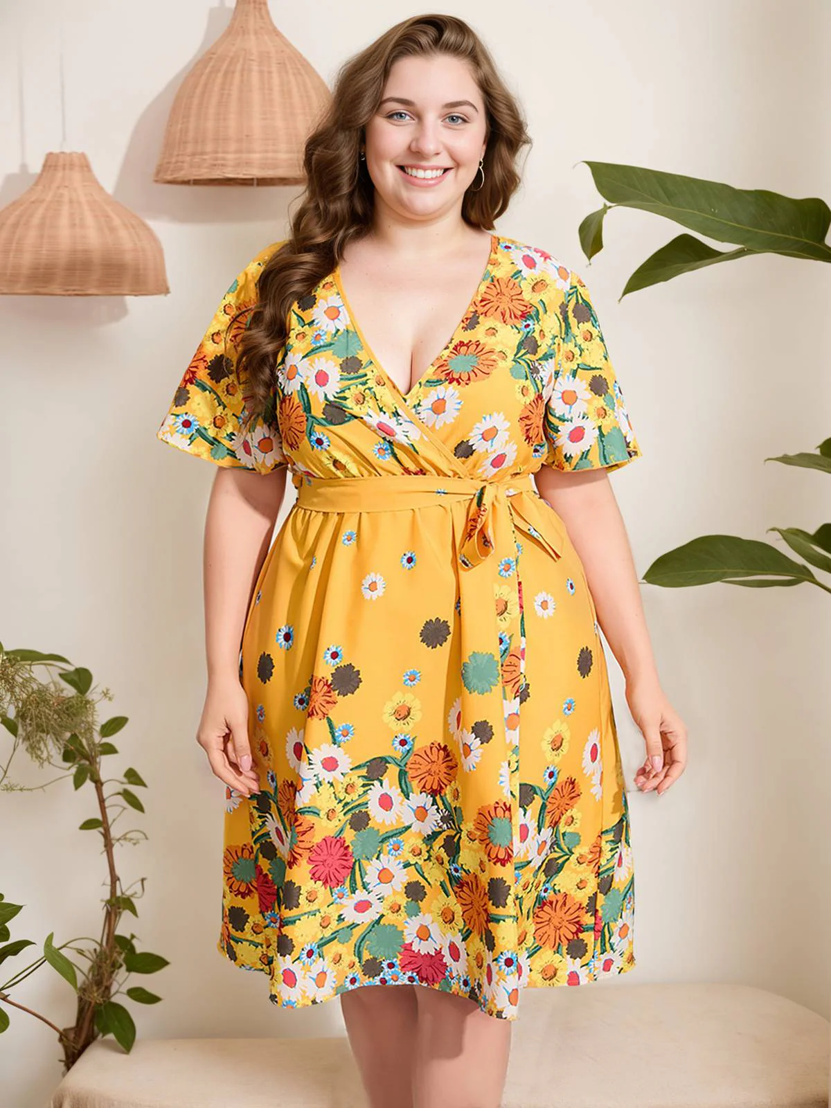 [Plus Size] Yellow 1950s V-Neck Belted Floral Dress - Image 4
