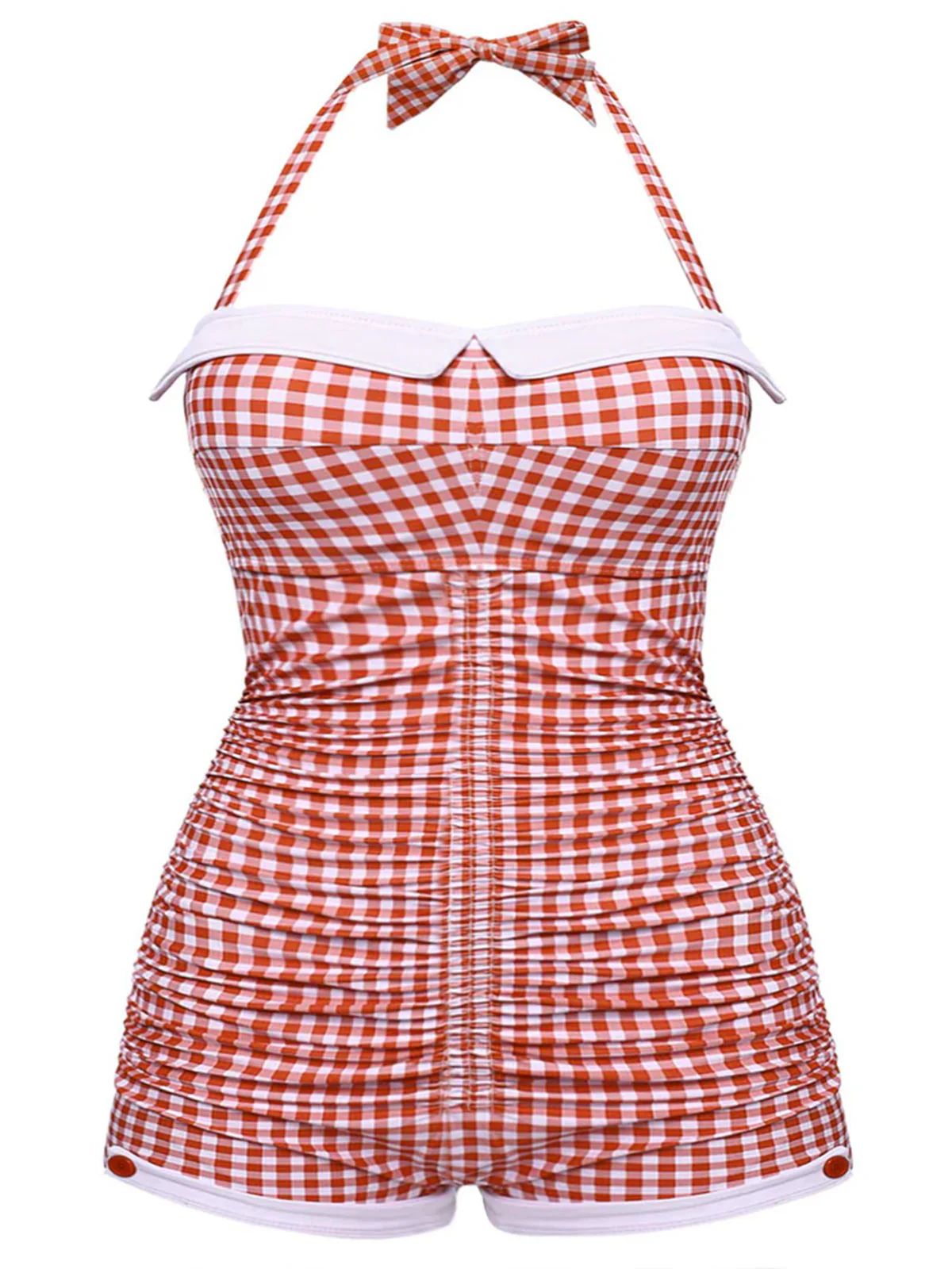 [Plus Size] Yellow 1950s Check Halter Bowknot One-piece Swimsuit - Image 3