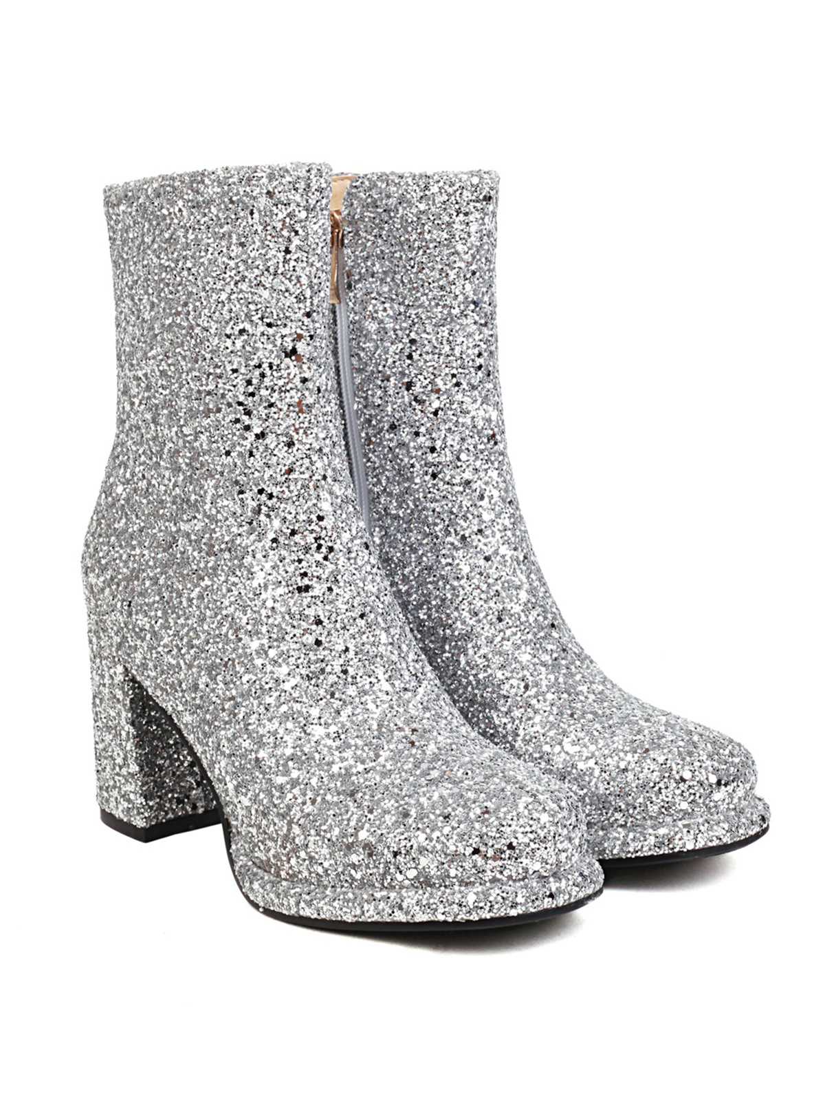 Point Toe Sequined Chunky Heel Ankle Boots - Image 7