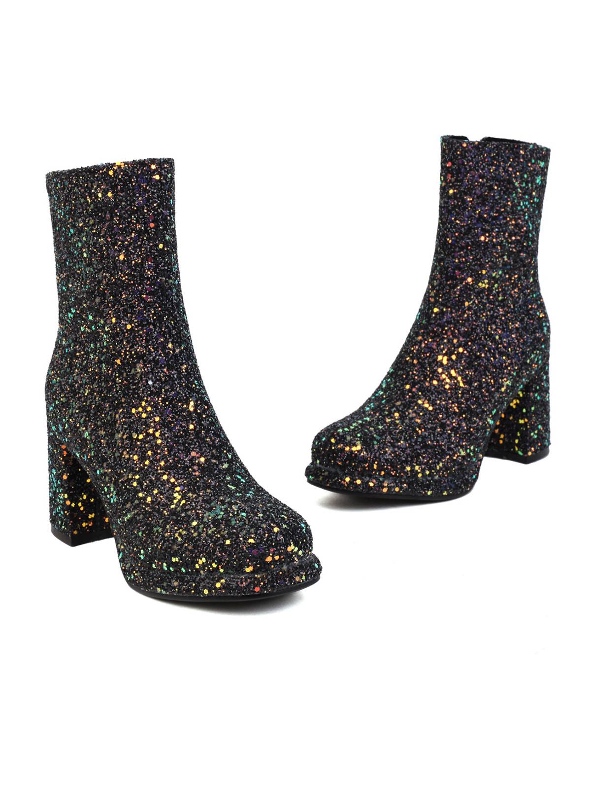 Point Toe Sequined Chunky Heel Ankle Boots - Image 9
