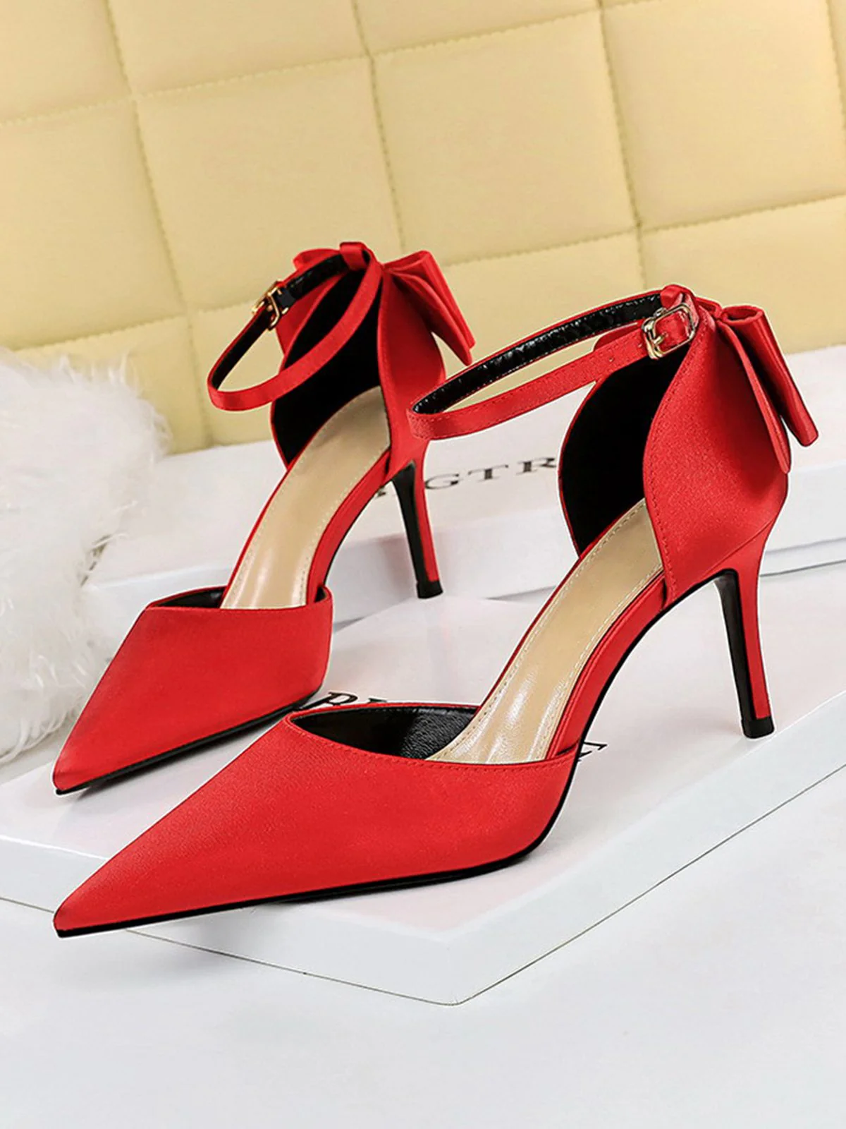 Pointed Toe Bow Strap Satin High Heels Shoes - Image 10
