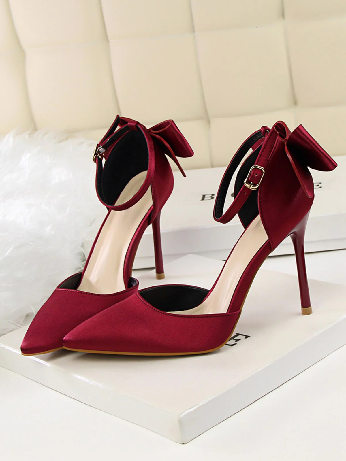Pointed Toe Bow Strap Satin High Heels Shoes - Image 11