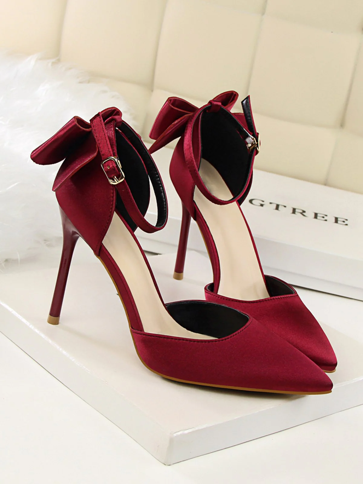 Pointed Toe Bow Strap Satin High Heels Shoes - Image 12