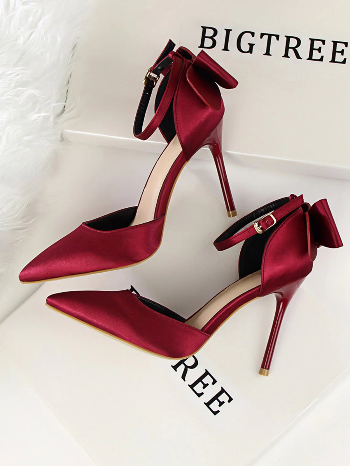 Pointed Toe Bow Strap Satin High Heels Shoes - Image 13