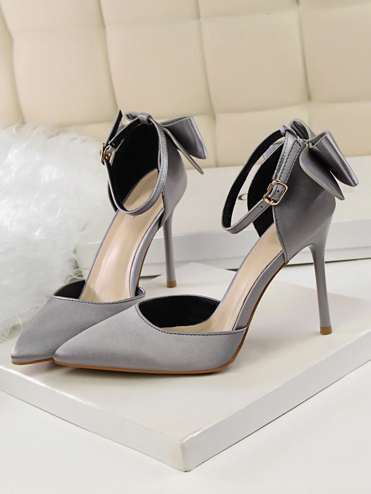 Pointed Toe Bow Strap Satin High Heels Shoes - Image 14
