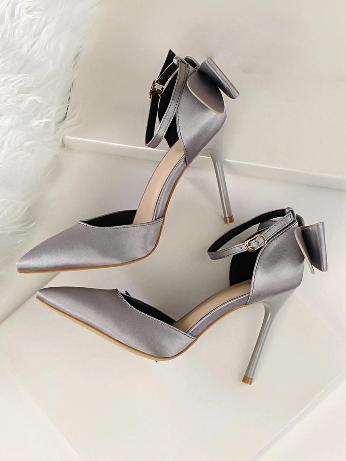 Pointed Toe Bow Strap Satin High Heels Shoes - Image 15