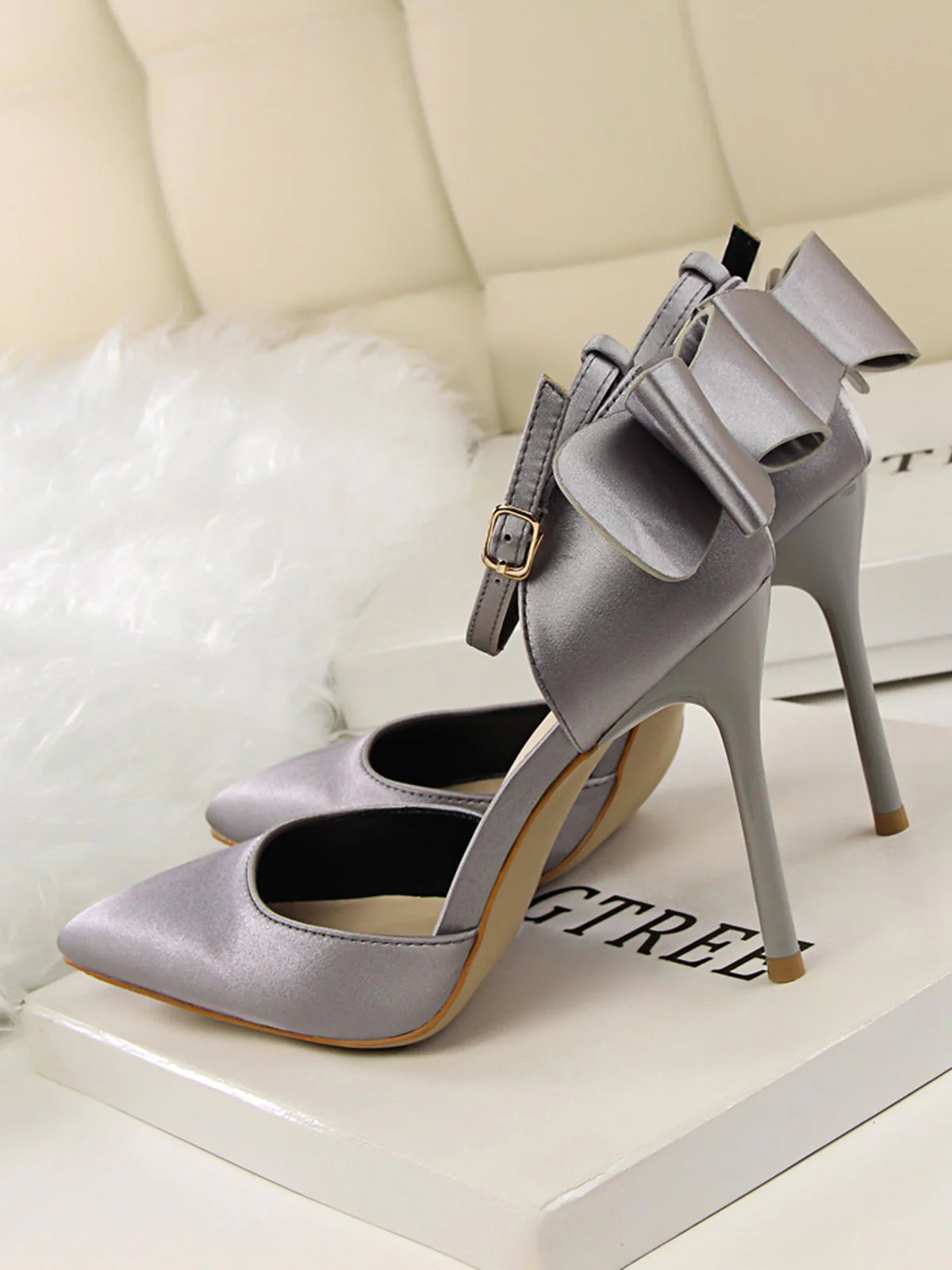 Pointed Toe Bow Strap Satin High Heels Shoes - Image 16