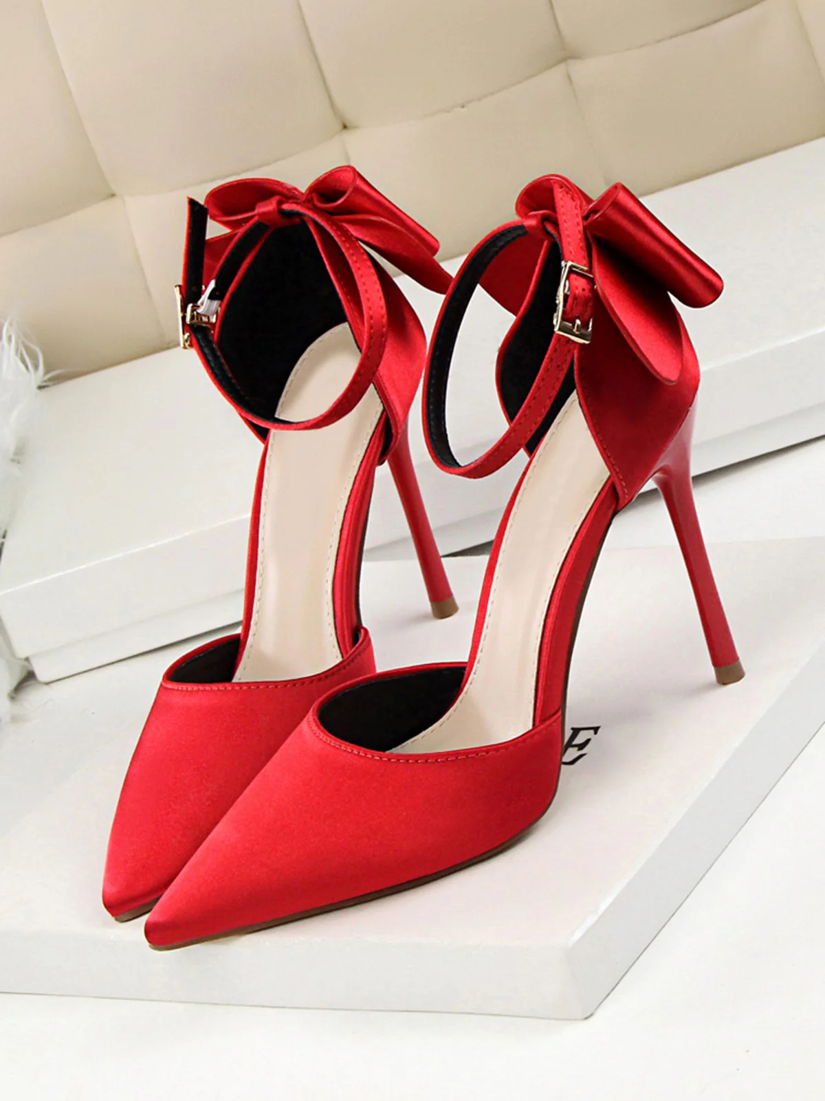 Pointed Toe Bow Strap Satin High Heels Shoes - Image 17