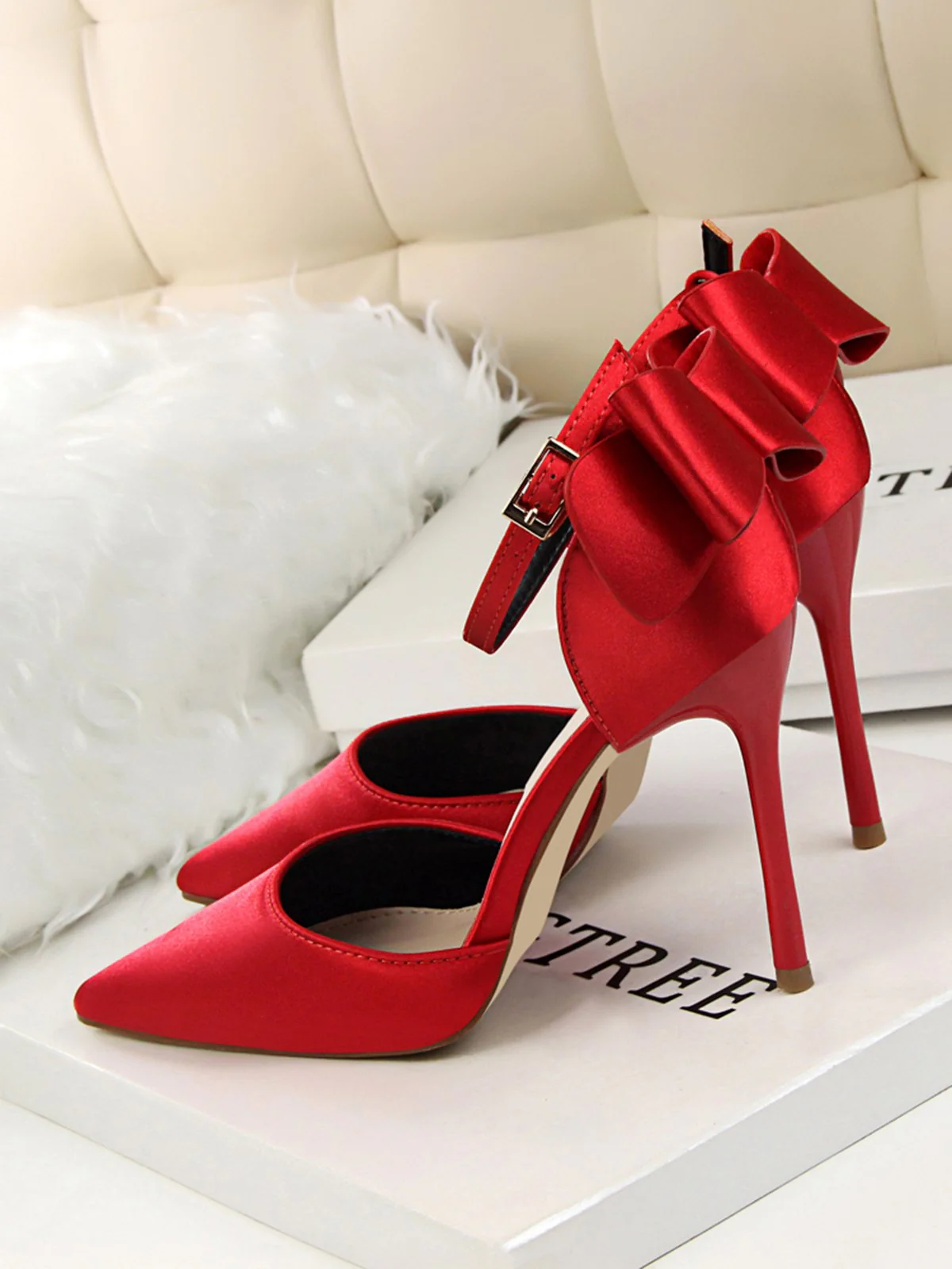 Pointed Toe Bow Strap Satin High Heels Shoes - Image 18