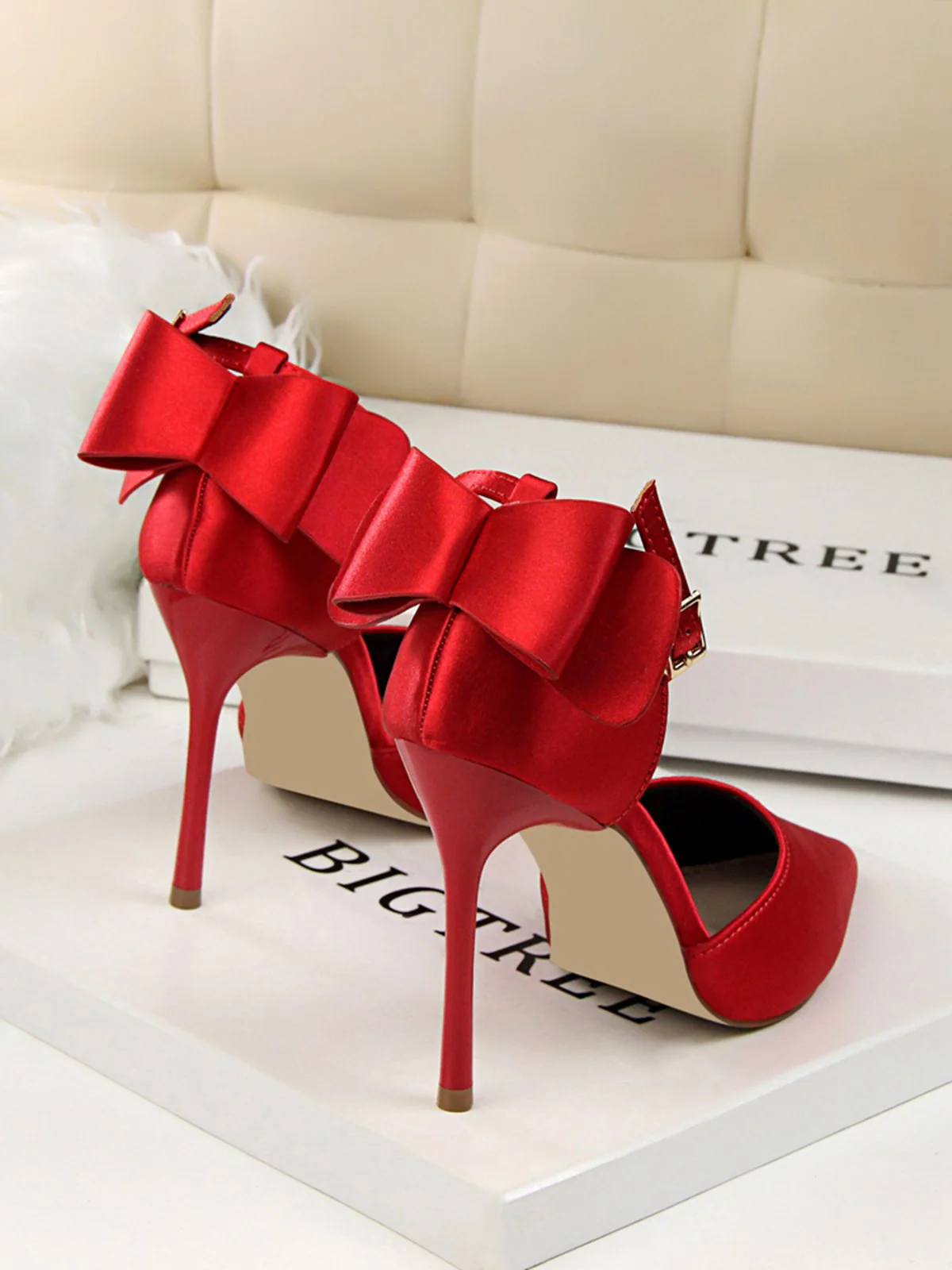 Pointed Toe Bow Strap Satin High Heels Shoes - Image 19