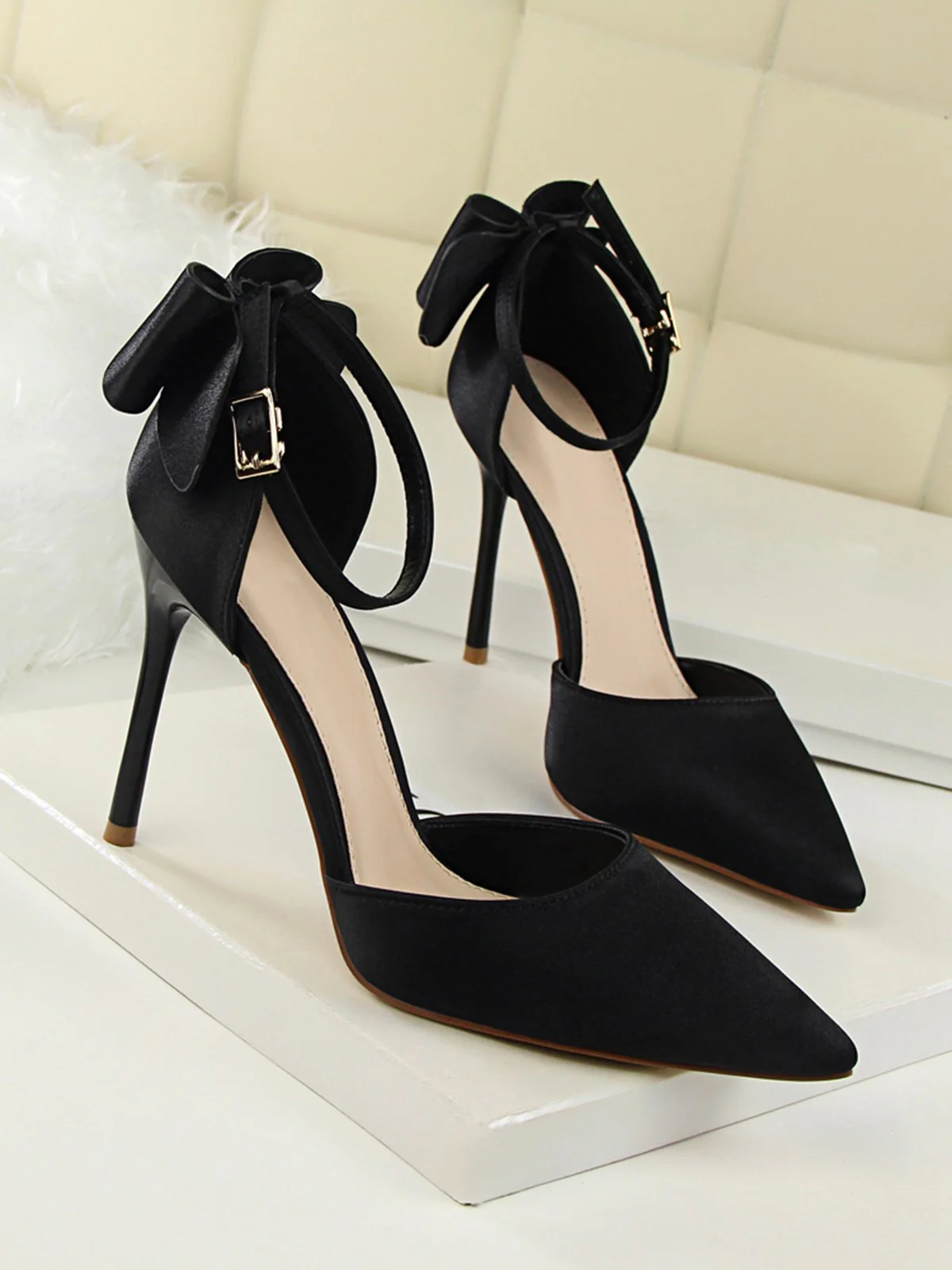 Pointed Toe Bow Strap Satin High Heels Shoes - Image 24