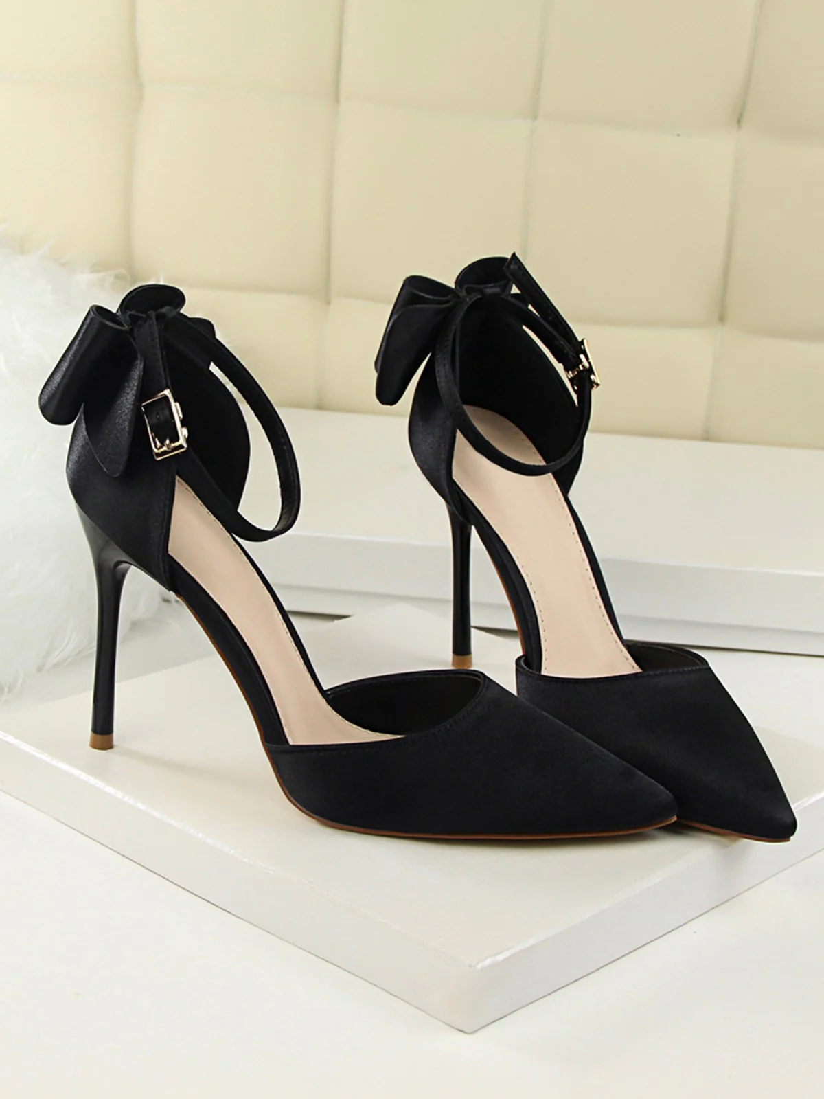 Pointed Toe Bow Strap Satin High Heels Shoes - Image 25