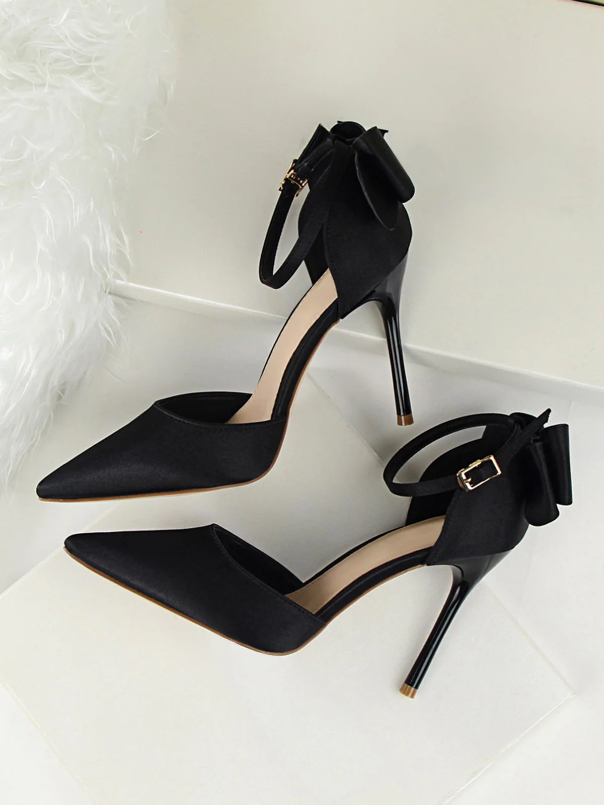 Pointed Toe Bow Strap Satin High Heels Shoes - Image 26