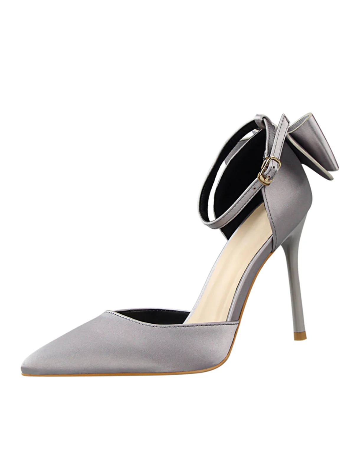 Pointed Toe Bow Strap Satin High Heels Shoes - Image 3