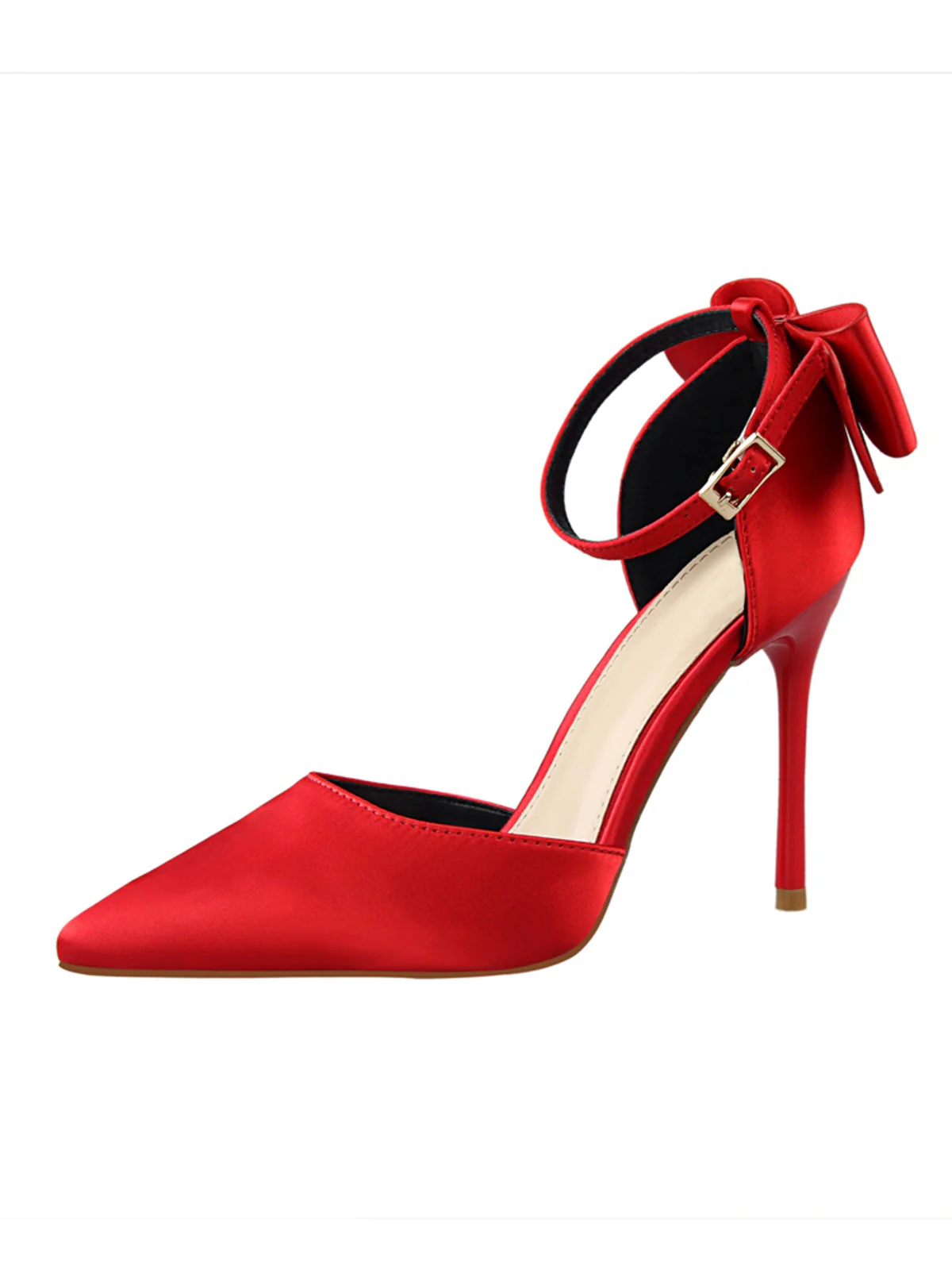 Pointed Toe Bow Strap Satin High Heels Shoes - Image 4