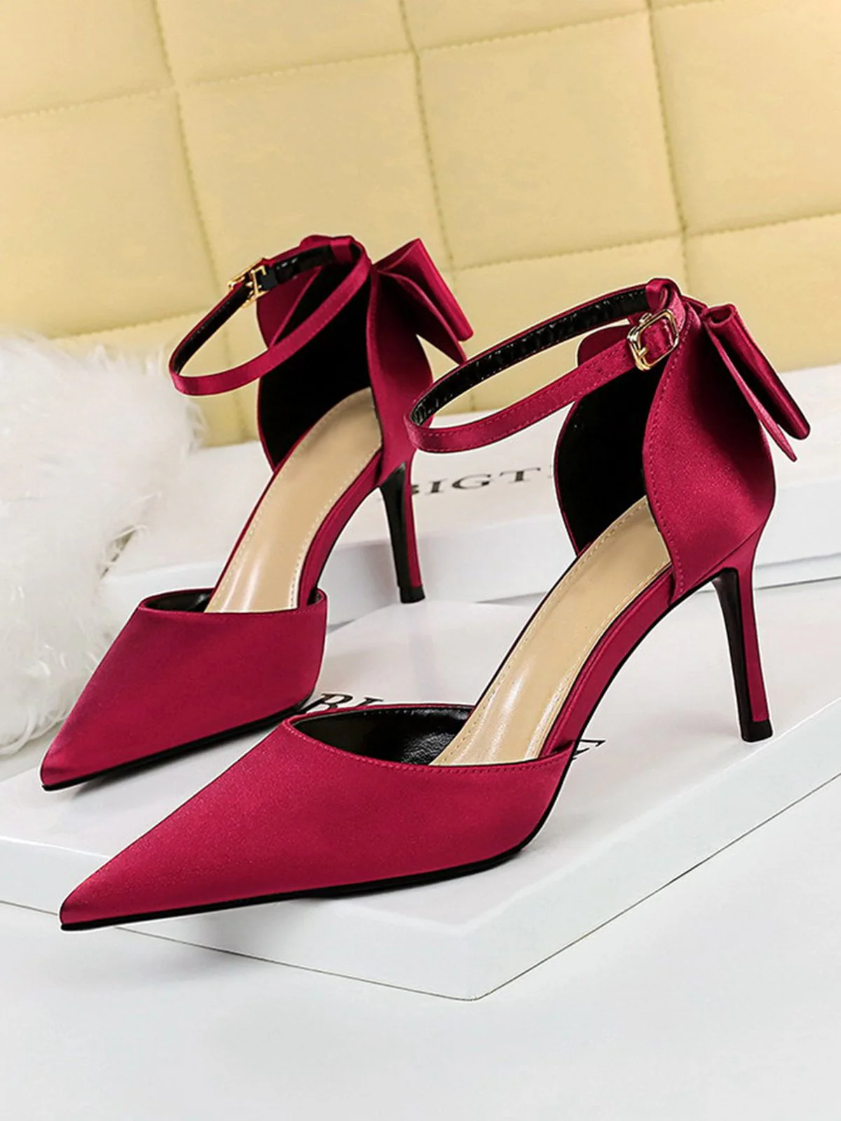 Pointed Toe Bow Strap Satin High Heels Shoes - Image 6
