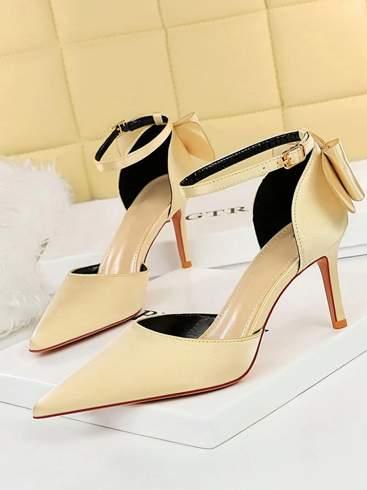 Pointed Toe Bow Strap Satin High Heels Shoes - Image 7